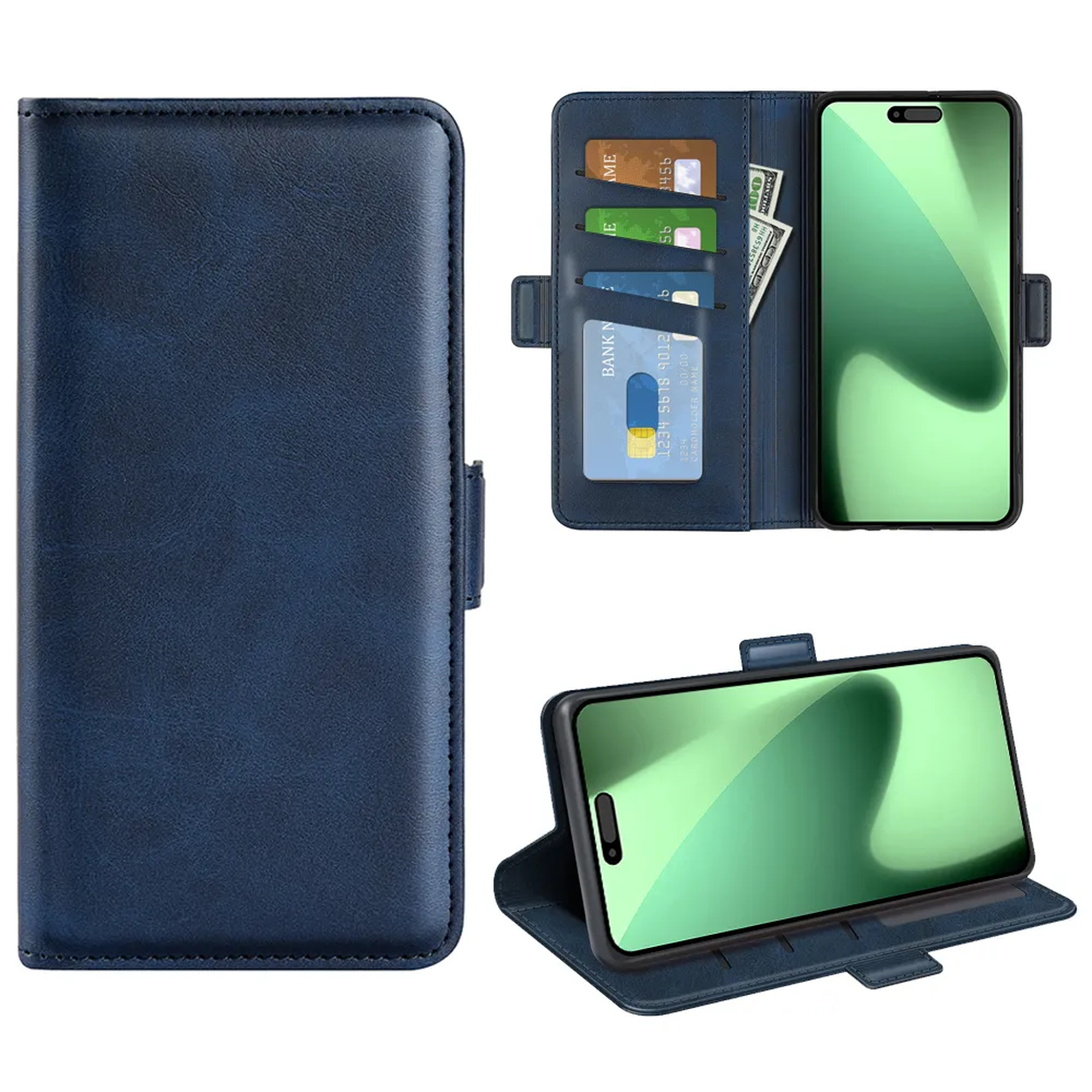 Blauwe leren telefoonhoes met een portemonnee-gedeelte. Het bevat een telefoon, kaarten en contant geld. Meerdere hoeken worden getoond.