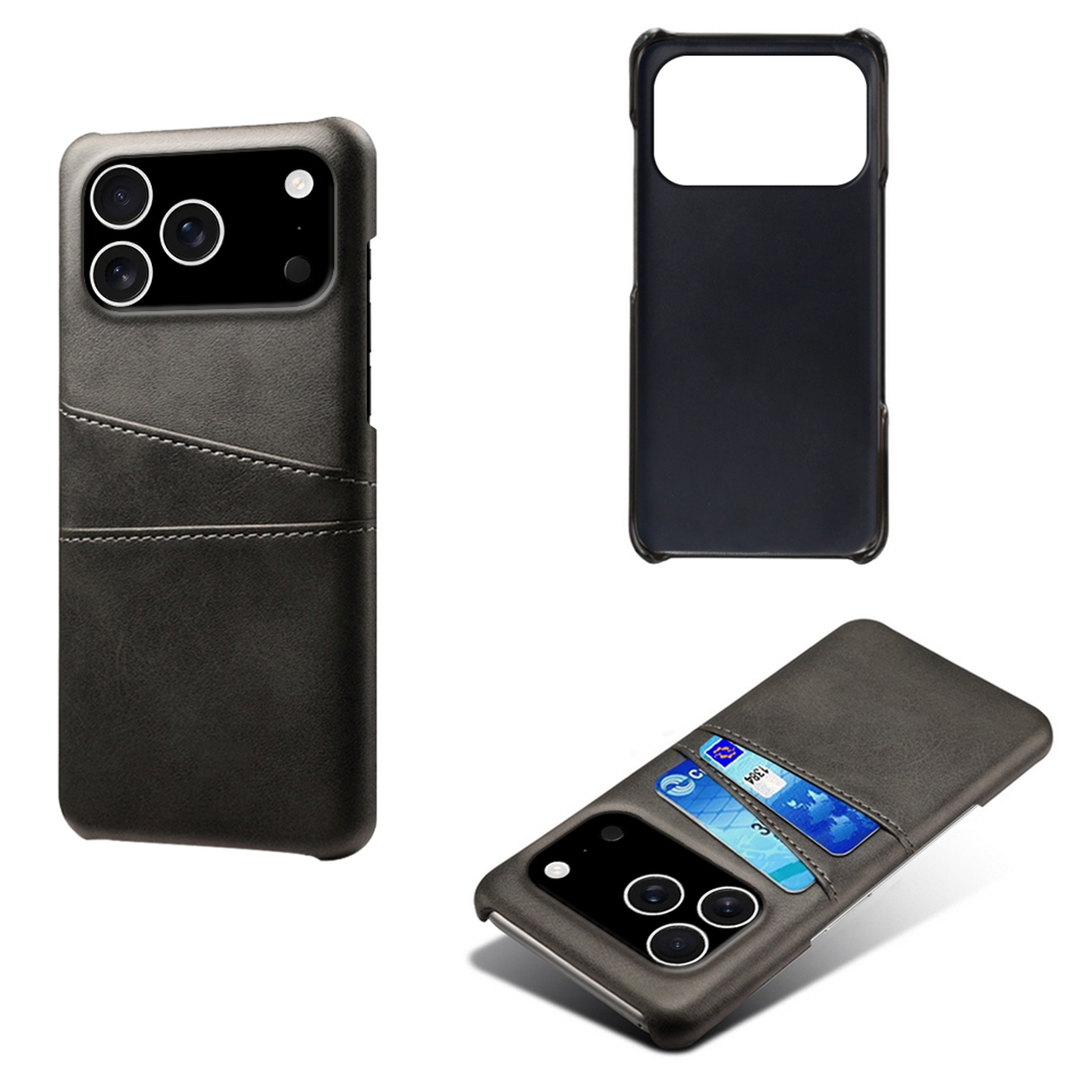 Trois étuis pour téléphone. Un noir et deux gris, avec des fentes pour cartes. Un étui contient des cartes dans la fente. Tous les étuis ont des découpes pour l'appareil photo.