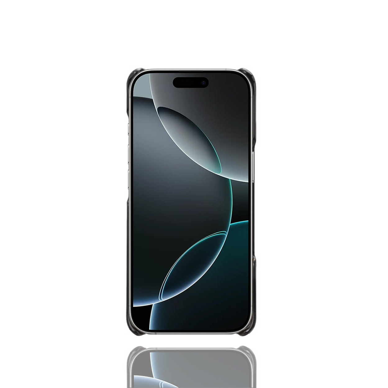 Un smartphone avec un écran sombre et une coque transparente est centré sur fond blanc. Son reflet est visible en dessous.