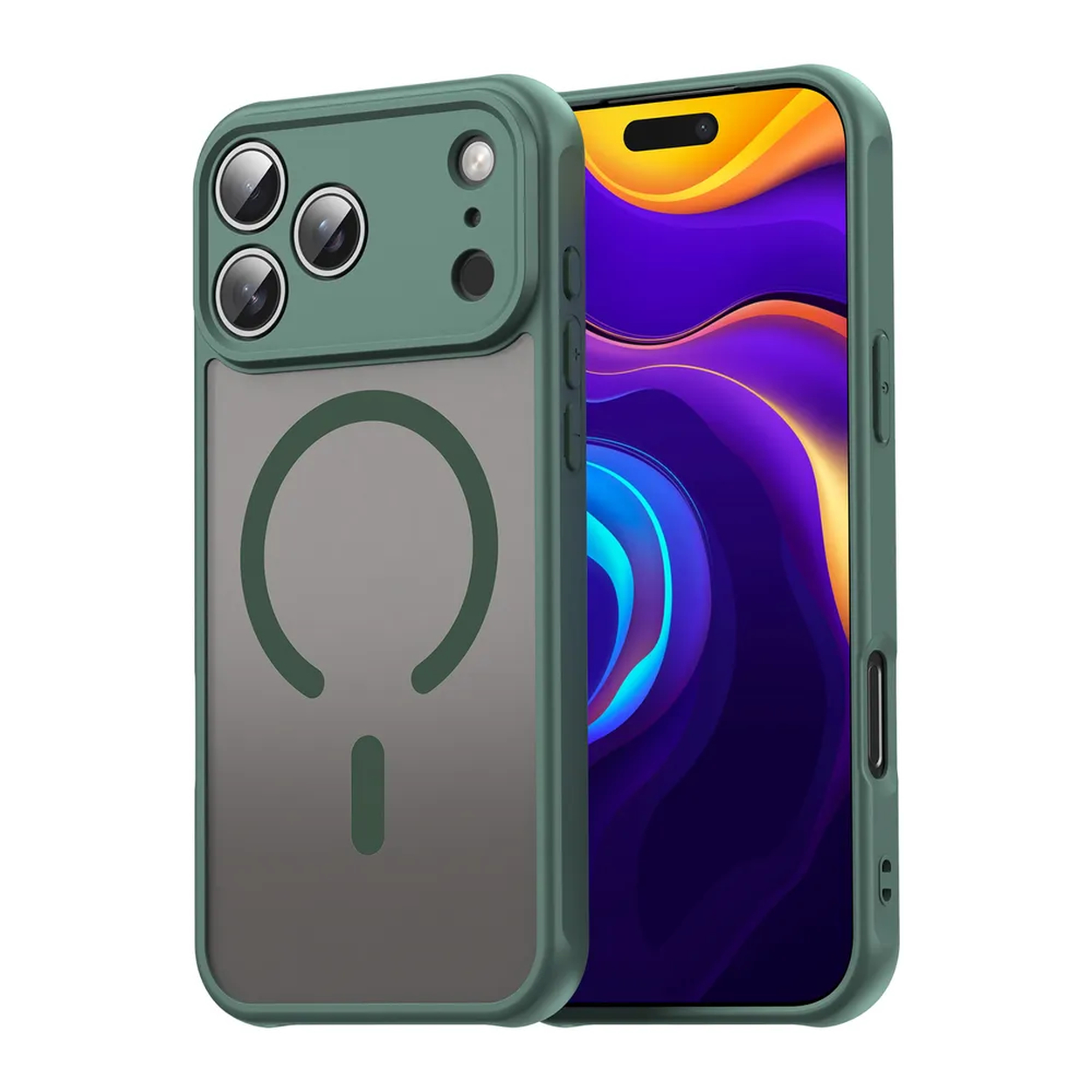 Een groene telefoonhoes met een grijze achterkant, naast een telefoon met een kleurrijk scherm. De hoes heeft camera-uitsparingen en een magnetische cirkel.