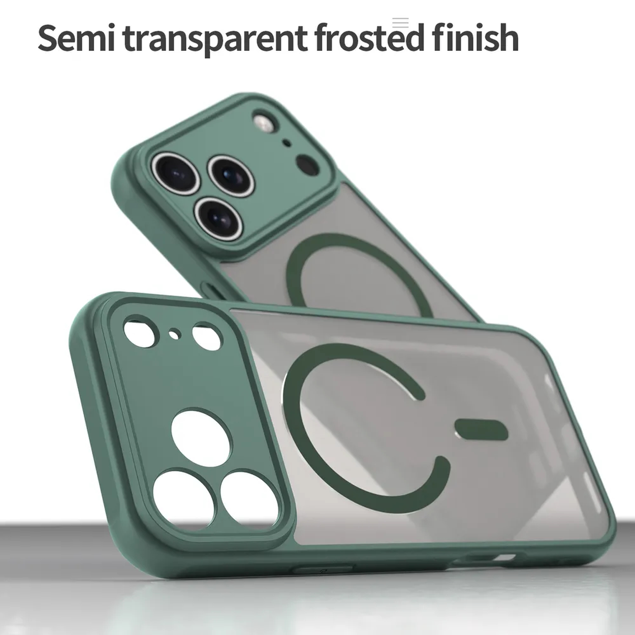 Twee groene telefoonhoesjes met semi-transparante achterkant worden getoond. De hoesjes hebben een matte afwerking en zijn ontworpen om de telefoon te beschermen.