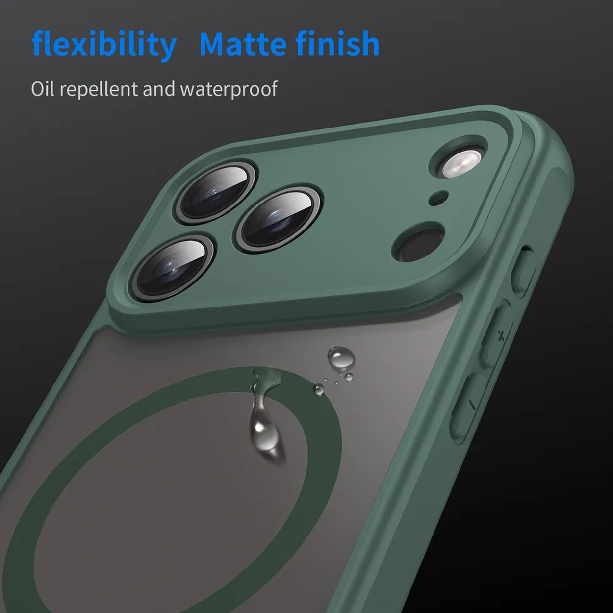 Een close-up van een groene telefoonhoes, met drie cameralenzen. Waterdruppels op het oppervlak en tekst over flexibiliteit en matte afwerking.