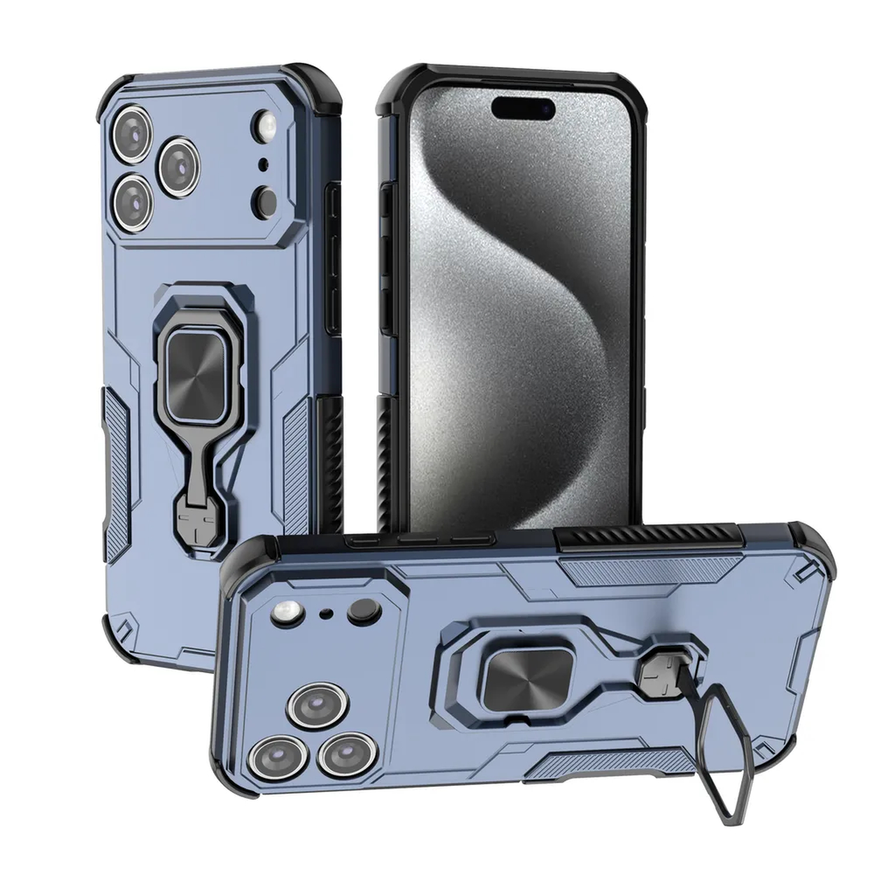 Trois coques de téléphone bleues avec des bords noirs. Une coque contient un téléphone. Chaque coque a un support d'anneau et des découpes pour l'appareil photo. Fond blanc.