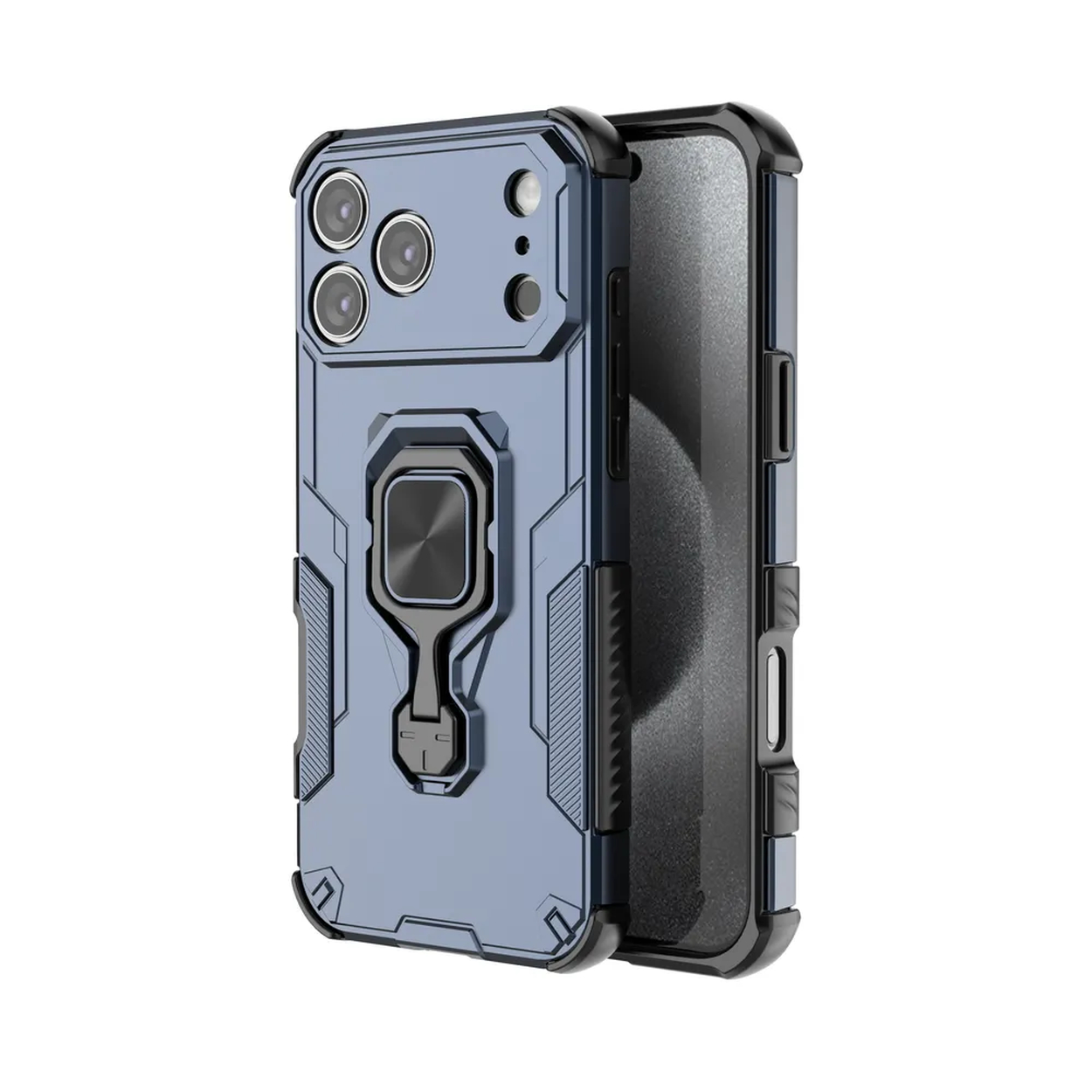Coque de téléphone bleue avec des accents noirs. Comprend des découpes pour l'appareil photo, un support de bague et un écran de téléphone noir visible.