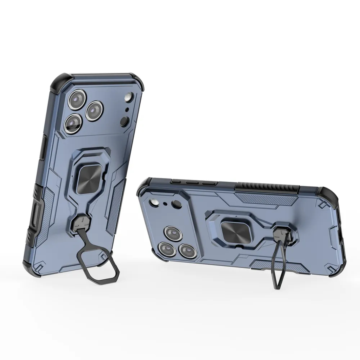 Deux coques de téléphone bleues avec des accents noirs. L'une est debout, l'autre à plat. Les deux ont des supports et plusieurs lentilles.