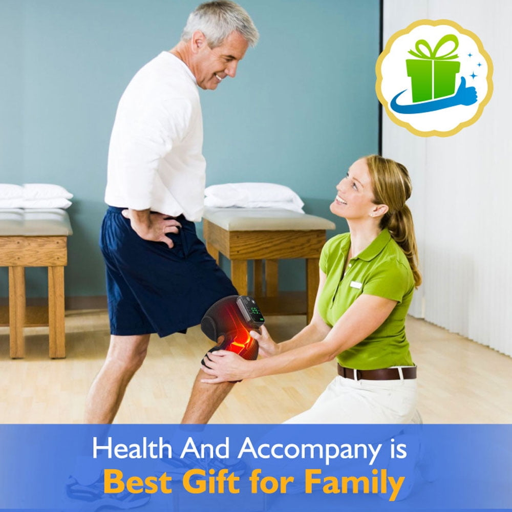 Frau behandelt das Knie eines Mannes mit einem Gerät. Der Mann lächelt. Text sagt 'Gesundheit und Begleitung ist das beste Geschenk für die Familie'.