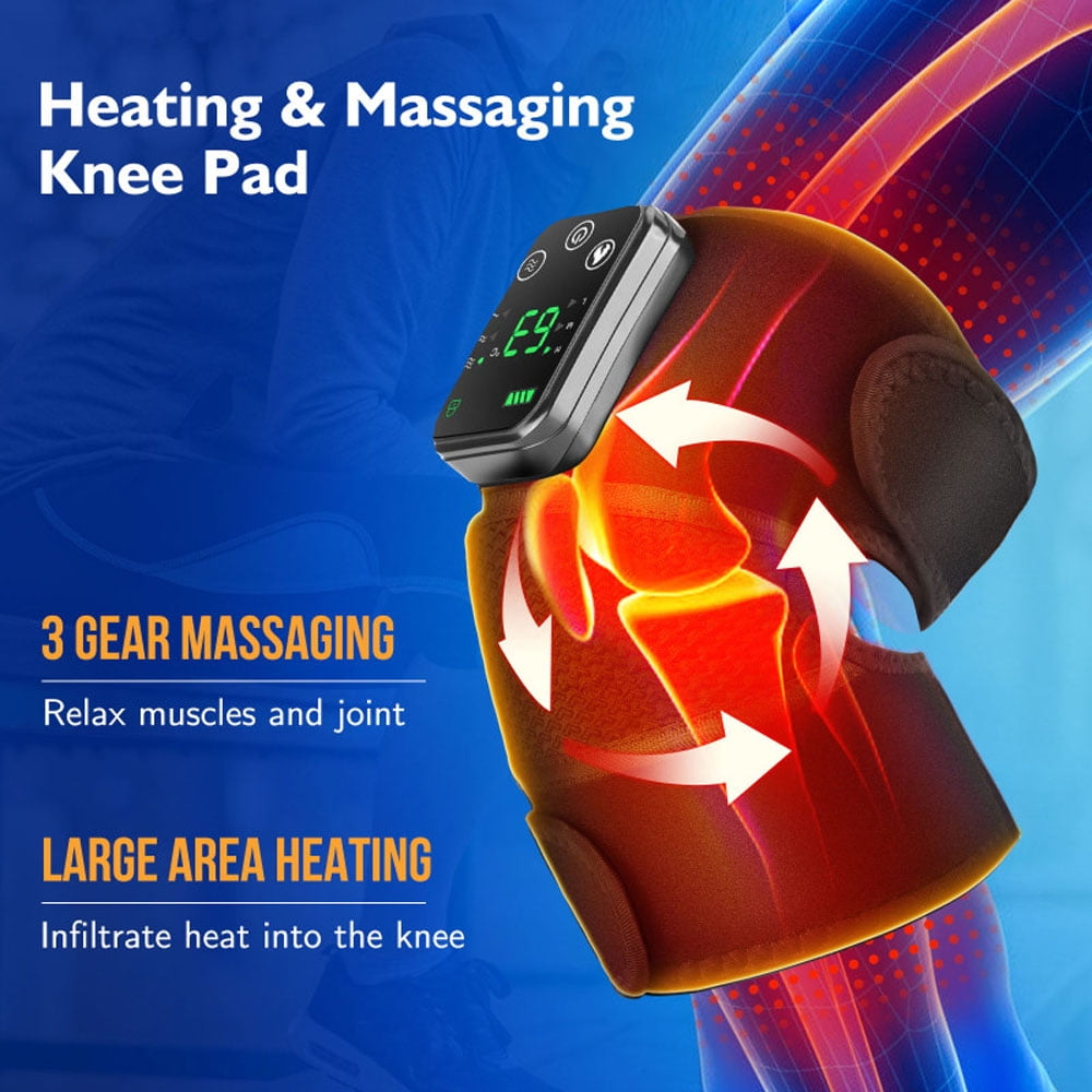 Kniebandage mit Bedienfeld 'E9'. Pfeile zeigen Massage an. Text: '3 GANG MASSAGE' und 'GROSSFLÄCHIGE ERWÄRMUNG'.