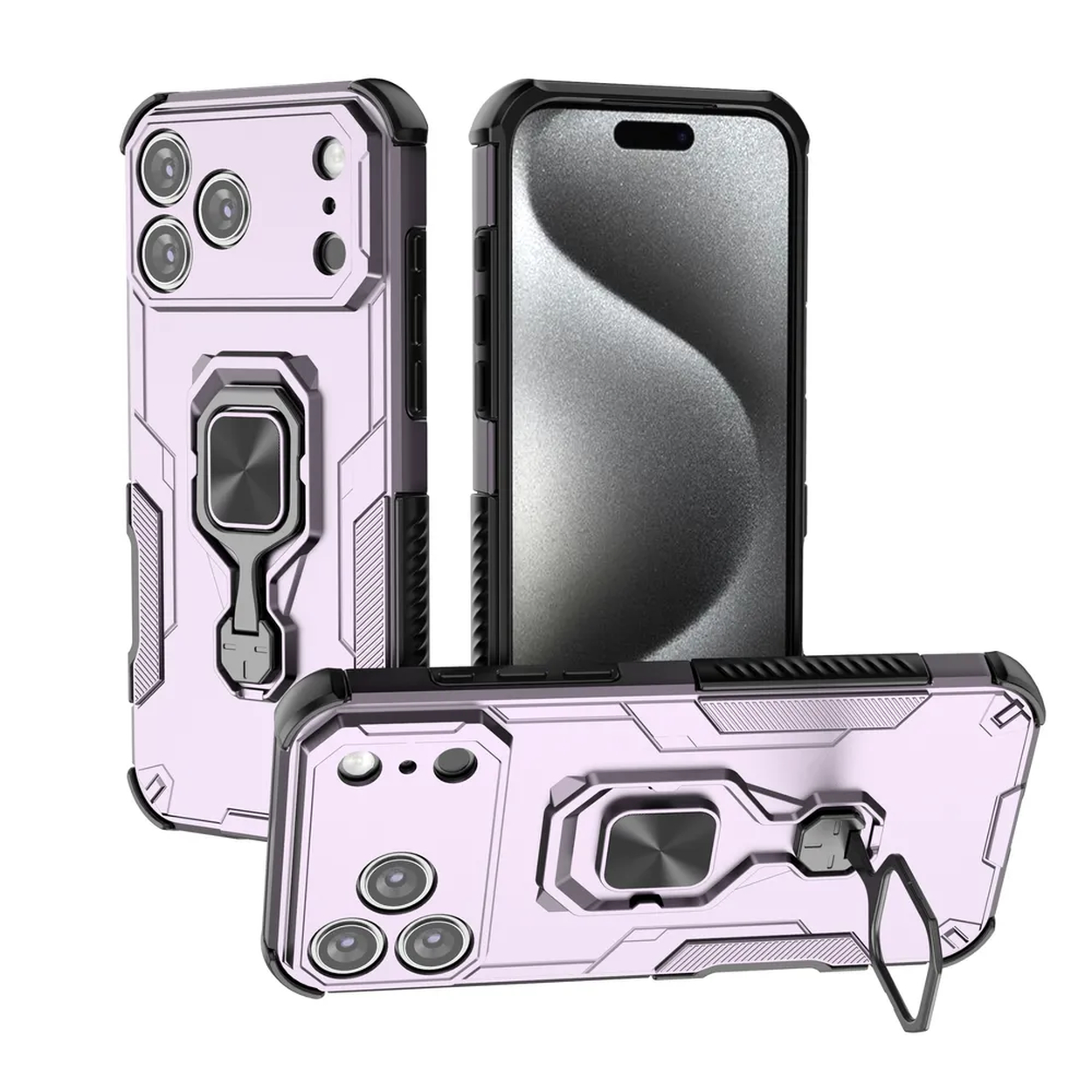Drie telefoonhoesjes met zwart en paars ontwerp, inclusief een standaard. Eén hoesje toont een telefoonscherm.