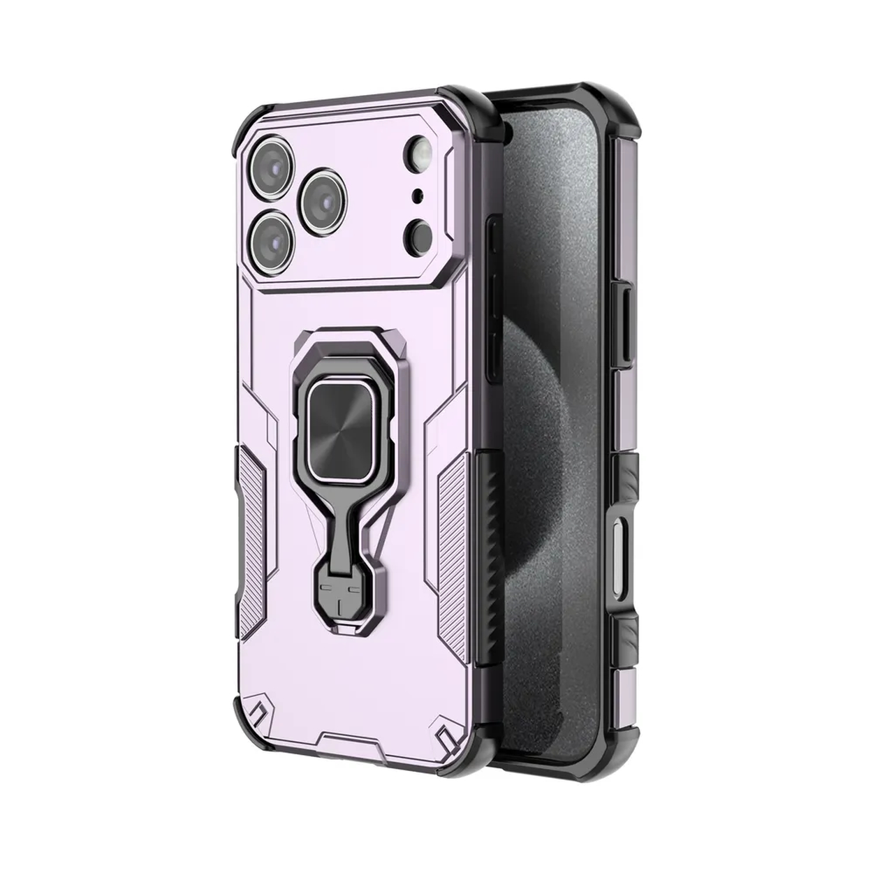 Een lavendelkleurige telefoonhoes met zwarte rand en ringhouder. Het scherm is rechts zichtbaar.