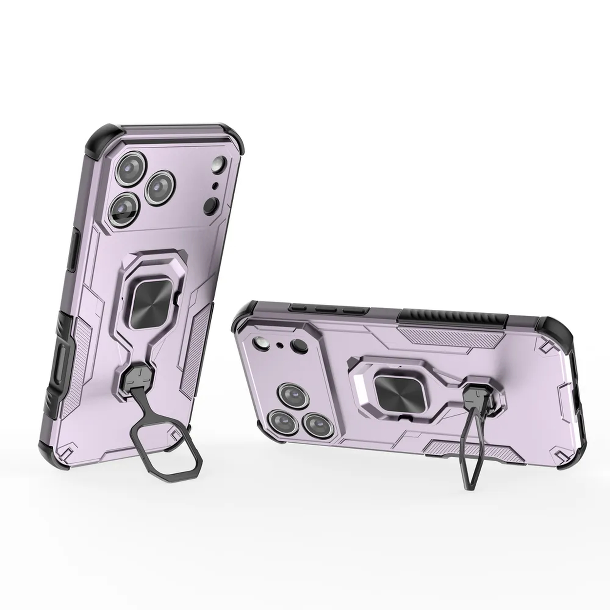 Er worden twee lavendelkleurige telefoonhoesjes met zwarte accenten getoond. Eén staat rechtop, de andere ligt plat. Beide hebben ringhouders.