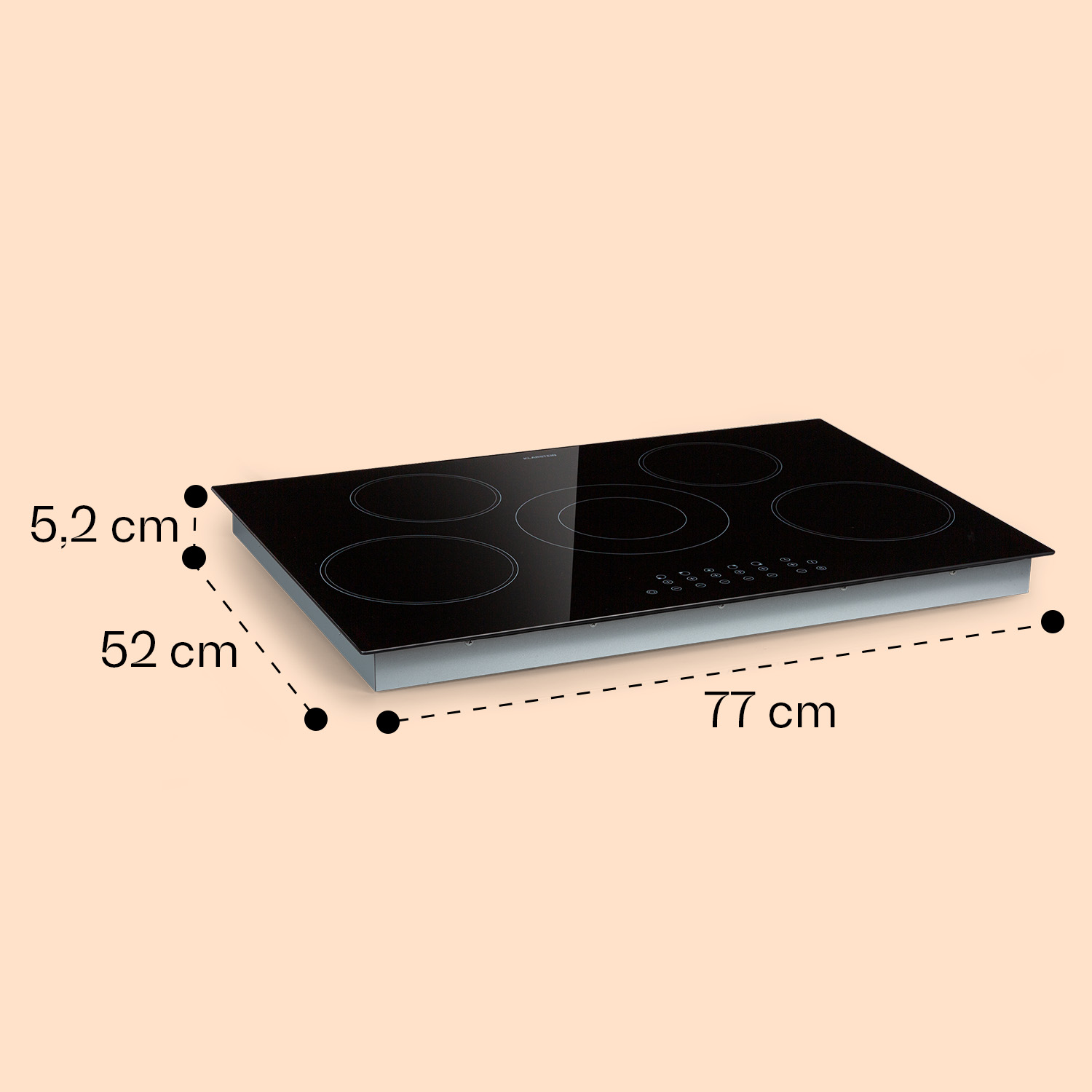 Una vitrocerámica negra con cinco fuegos. Dimensiones: 77 cm de largo, 52 cm de ancho y 5,2 cm de alto. El fondo es naranja claro.