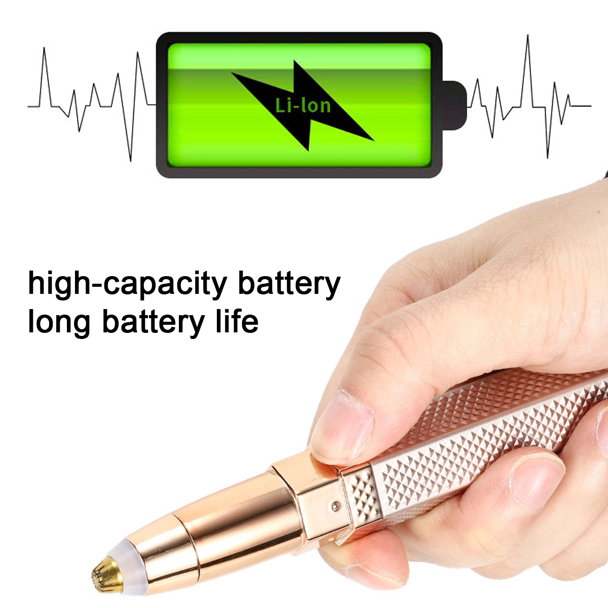 Eine Hand hält einen goldfarbenen Epilierer. Ein Akkusymbol mit Blitz ist darüber. Text: 'Hochleistungsbatterie, lange Akkulaufzeit'.