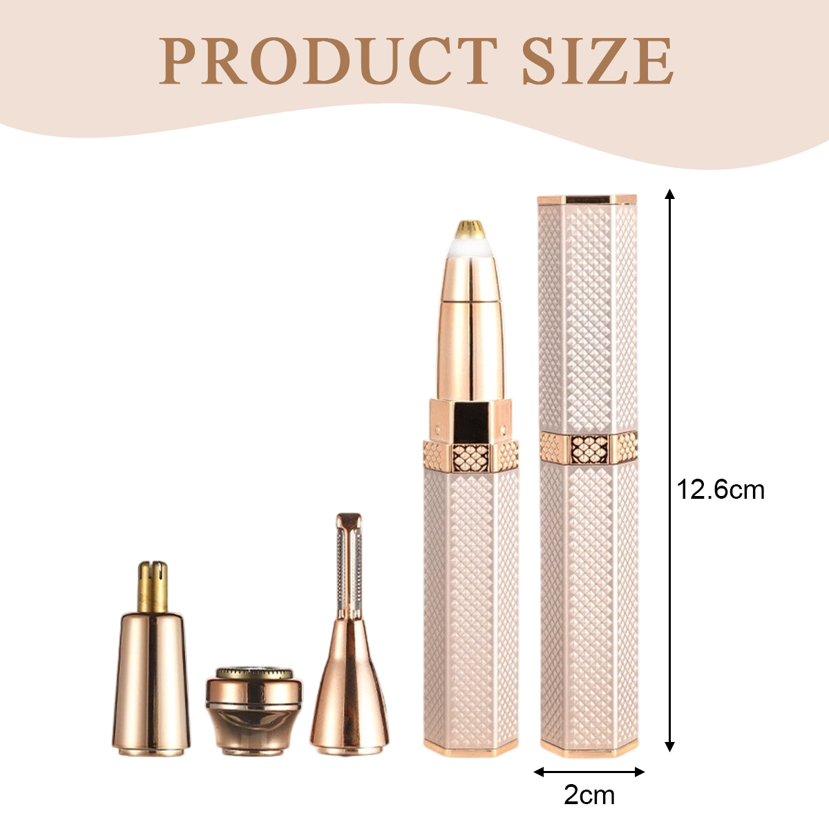 Das Bild zeigt ein Augenbrauen-Trimmer-Set. Beinhaltet Trimmer, Aufsätze und eine Aufbewahrungsbox. Abmessungen: 12,6 cm Höhe, 2 cm Breite.