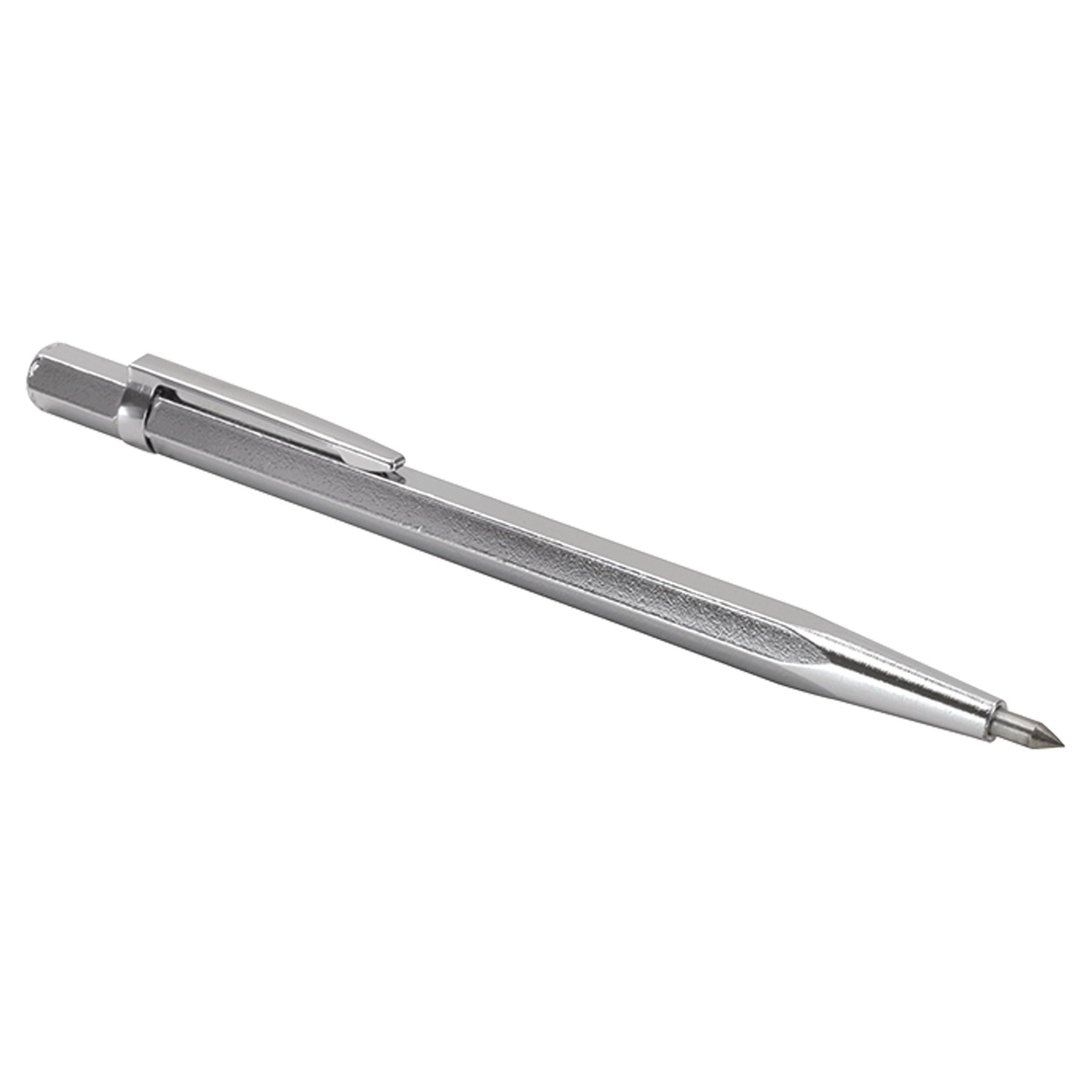 Ein silberner Metallstift mit Clip ist auf weißem Hintergrund abgewinkelt. Der Stift hat eine spitze Spitze.