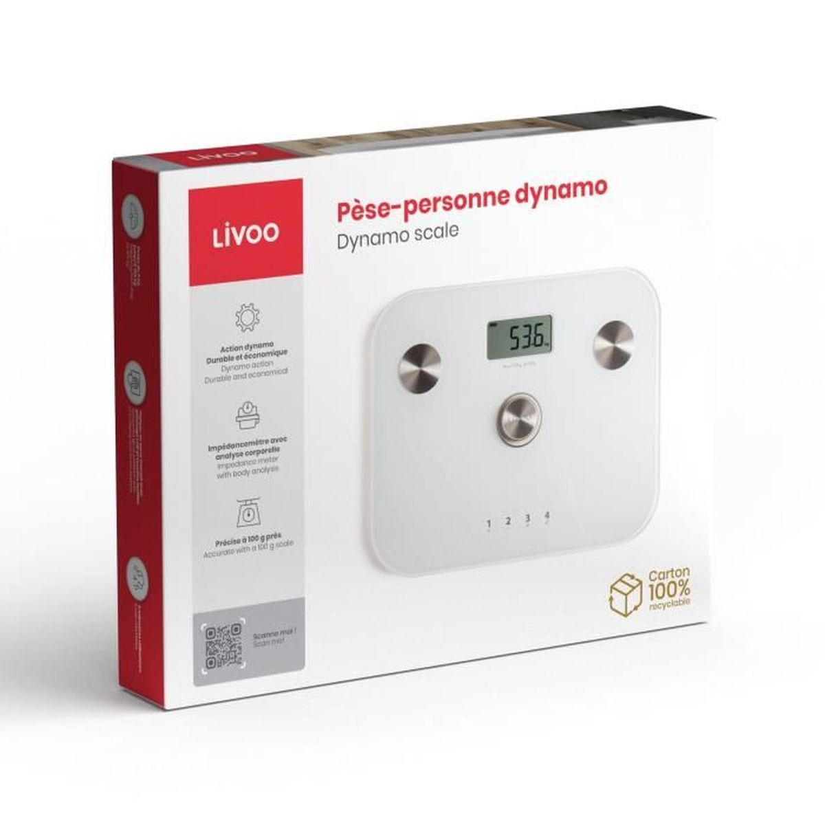 Eine weiße Livoo Dynamo-Waage. Die Box zeigt die Waage und ihre Funktionen. Die Waage ist weiß mit Digitalanzeige.