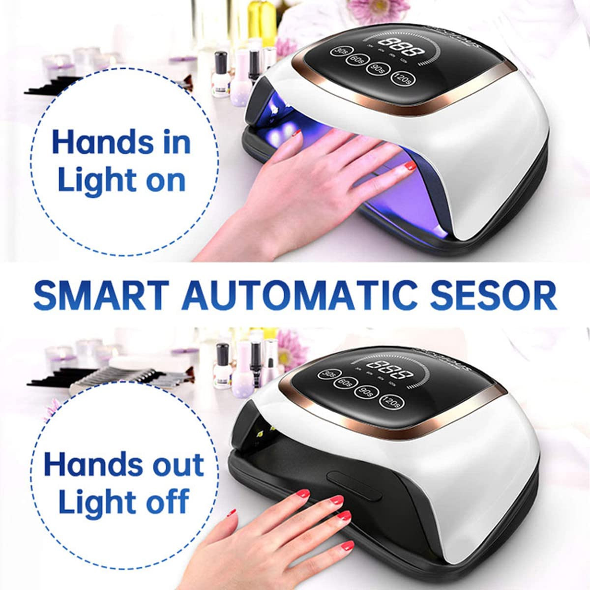 Ein Bild zeigt einen Nageltrockner mit Hand drin, Licht an, und einen anderen mit Hand draußen, Licht aus. Text: 'SMART AUTOMATIC SESOR'.