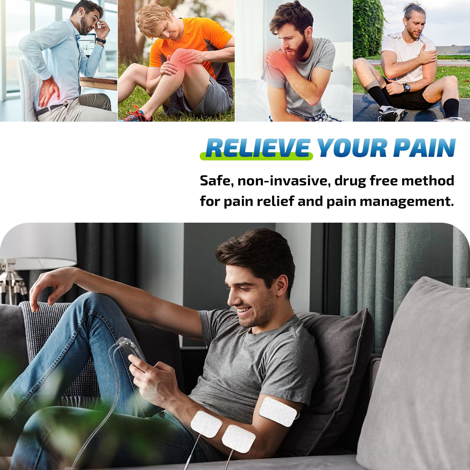 Das Bild zeigt Männer mit Schmerzen, Text über Schmerzlinderung. Ein Mann benutzt ein Gerät mit Pads am Arm.