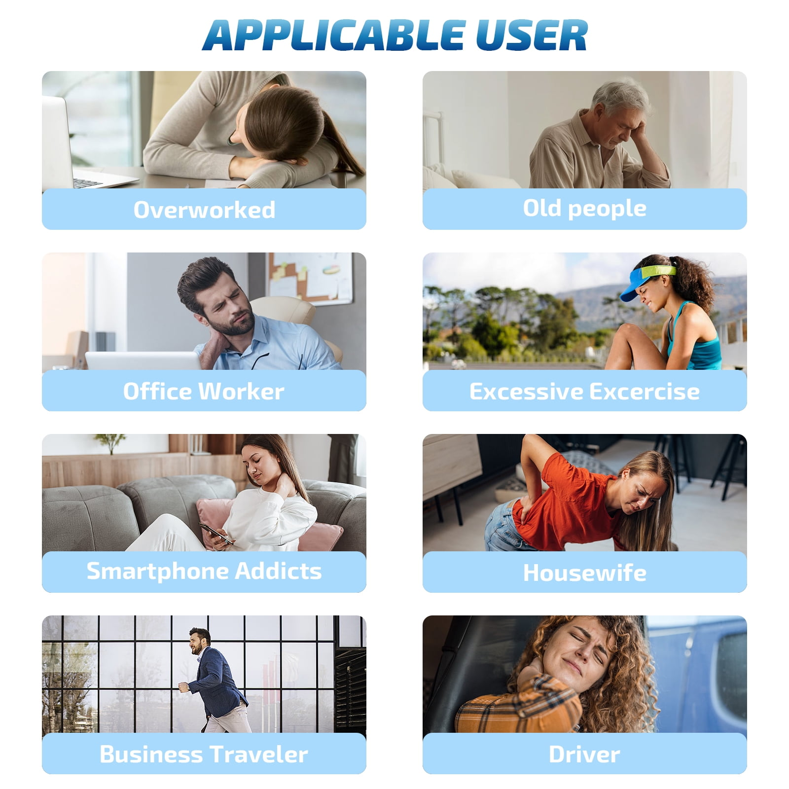 Das Bild zeigt Menschen in verschiedenen Situationen: überarbeitet, alt, Büroangestellter, trainierend, Smartphone-Süchtige, Hausfrau, Reisender, Fahrer.