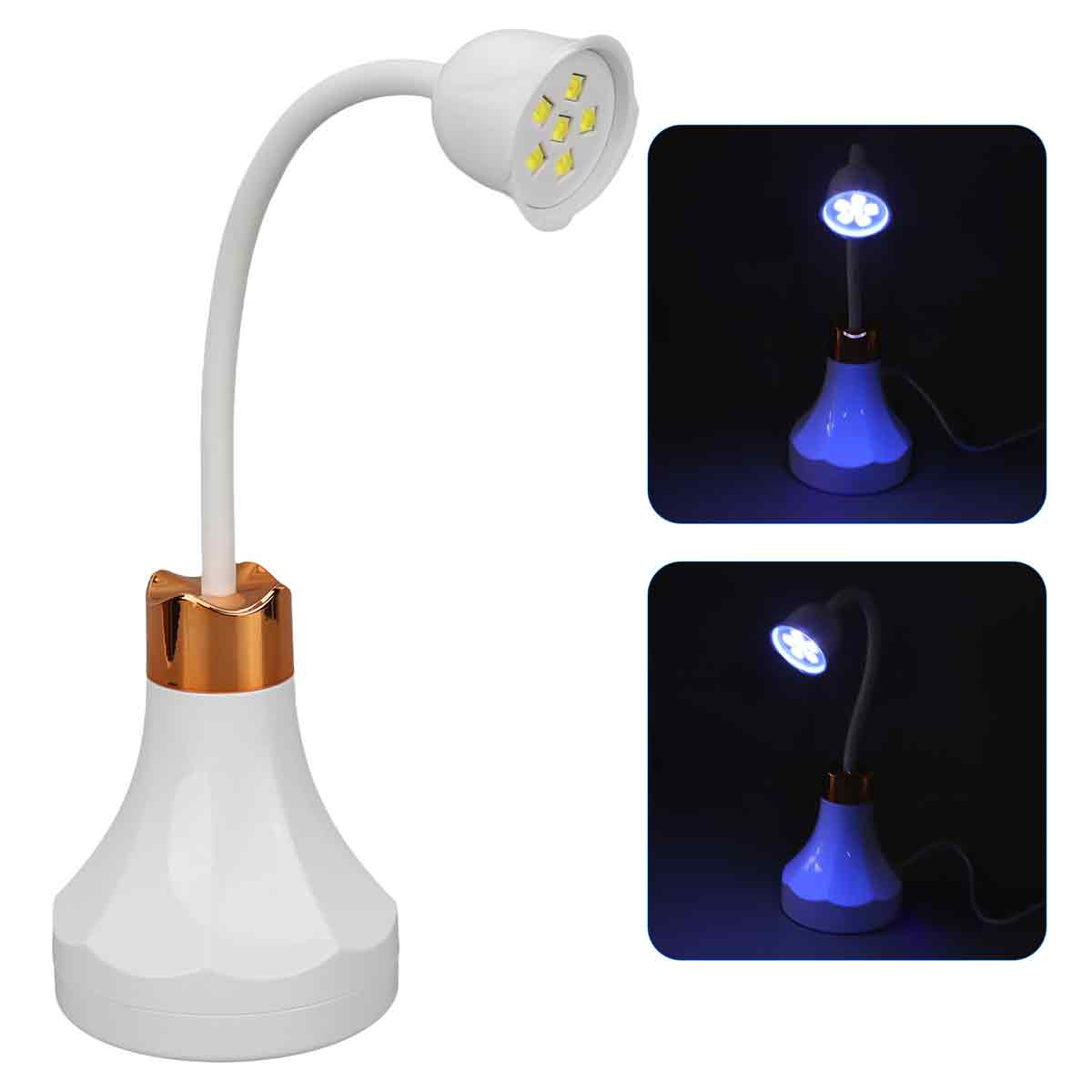 Weiße und goldfarbene Nagellampe mit gebogenem Hals und blütenförmigem Kopf. Zwei kleinere Bilder zeigen die beleuchtete Lampe.
