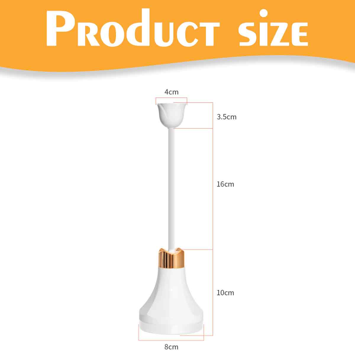 Ein weißer Kerzenhalter mit rosenförmiger Spitze und ausgestelltem Sockel. Abmessungen sind beschriftet: 4cm, 3,5cm, 16cm, 10cm und 8cm.