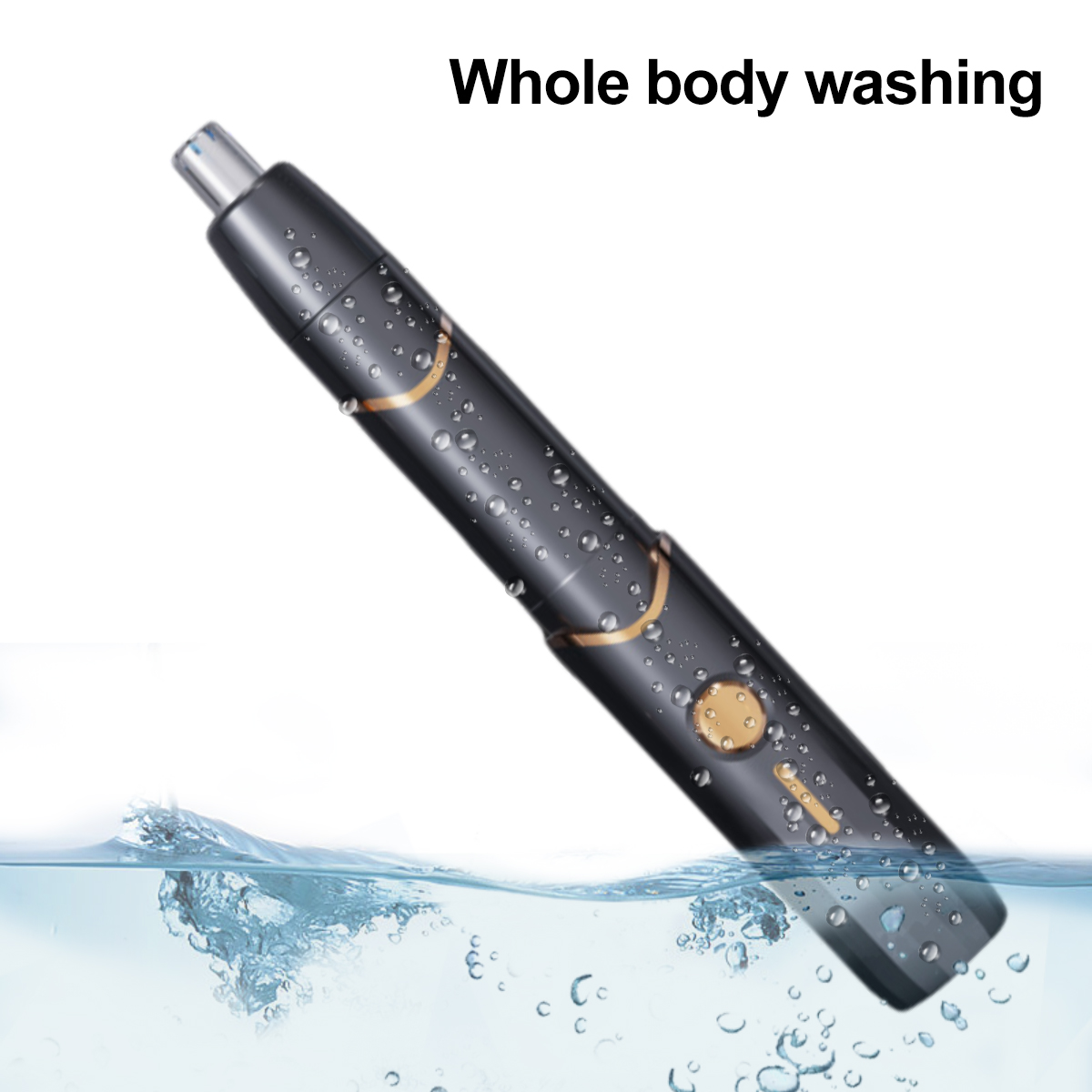 Ein schwarzer und goldener Nasenhaartrimmer, der in Wasser getaucht ist. Wassertropfen sind auf dem Gerät und im Wasser sichtbar.