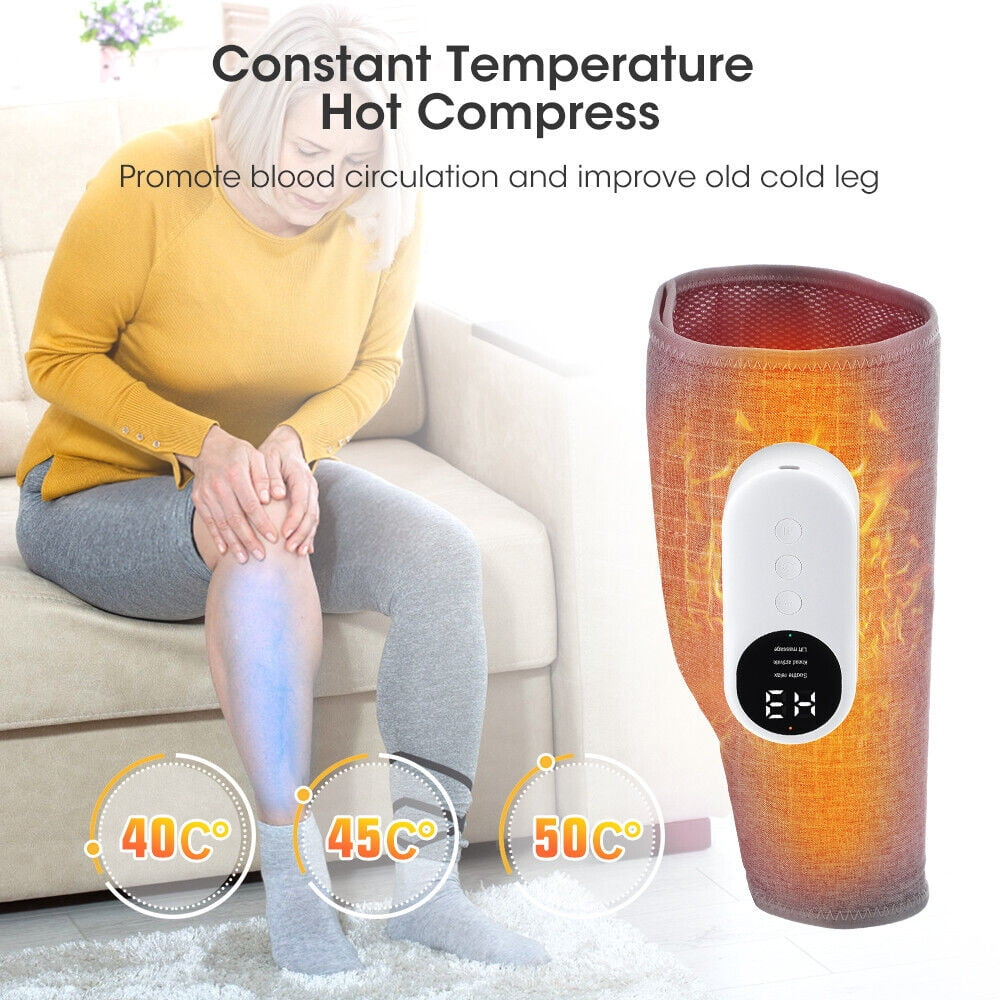 Eine Frau mit Beinwickel sitzt. Der Text lautet 'Constant Temperature Hot Compress'. Zeigt Temperatureinstellungen und ein Bedienfeld.