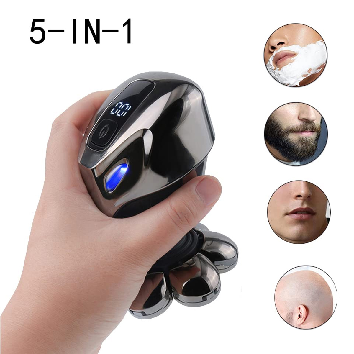 Eine Hand hält einen 5-in-1-Elektro-Rasierer. Es hat ein digitales Display und mehrere Köpfe. Kleinere Bilder zeigen Rasurergebnisse.