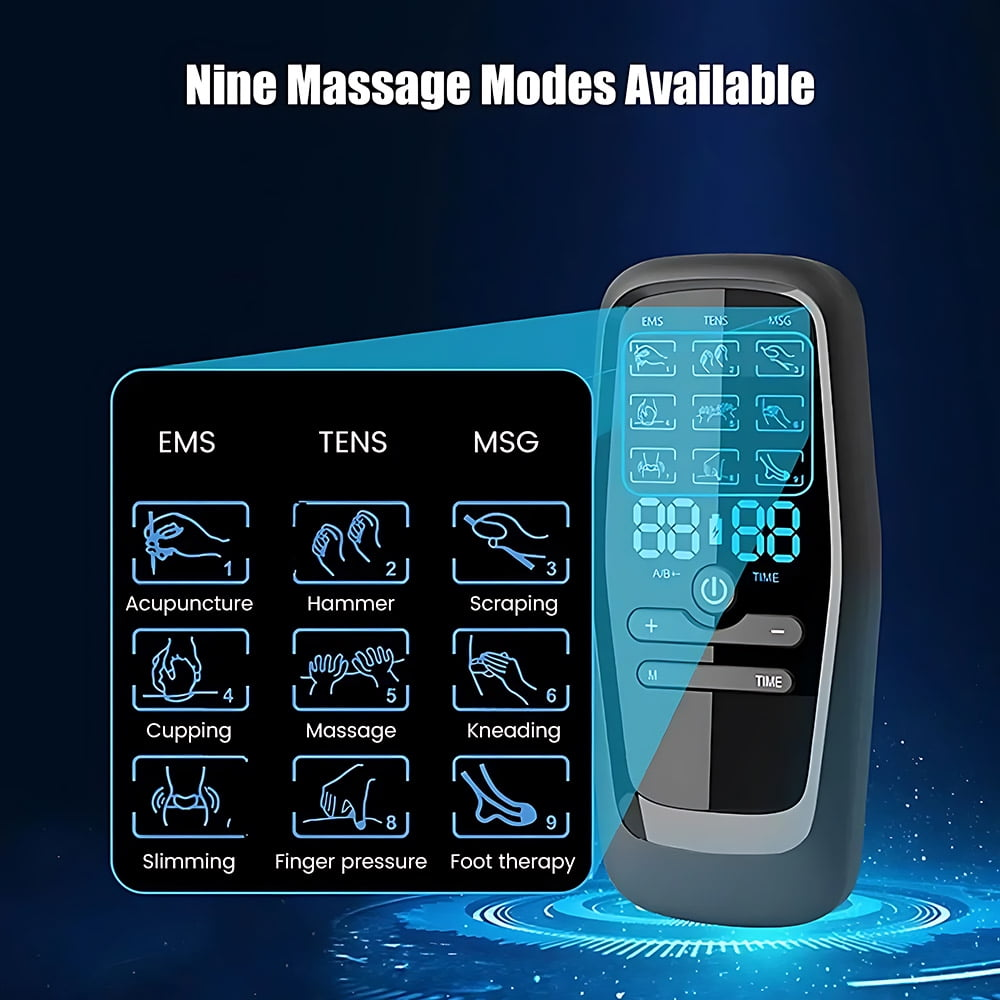 Ein elektrisches Massagegerät mit Display, das 9 Massagemodi anzeigt: Akupunktur, Hammer, Schaben, Schröpfen, Massage, Kneten, Abnehmen, Fingerdruck, Fußtherapie.