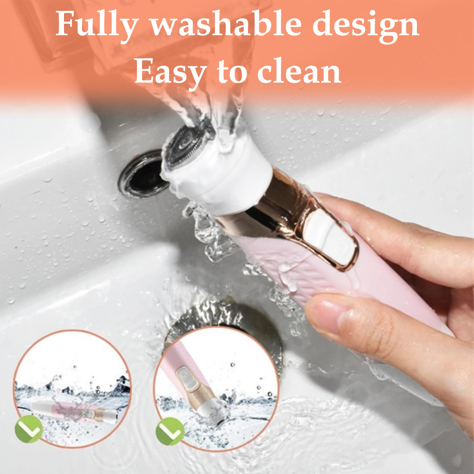Ein rosa Rasierer wird mit Wasser gewaschen. Der Rasierer wird über einem Waschbecken gehalten. Text: Vollständig waschbares Design, leicht zu reinigen.