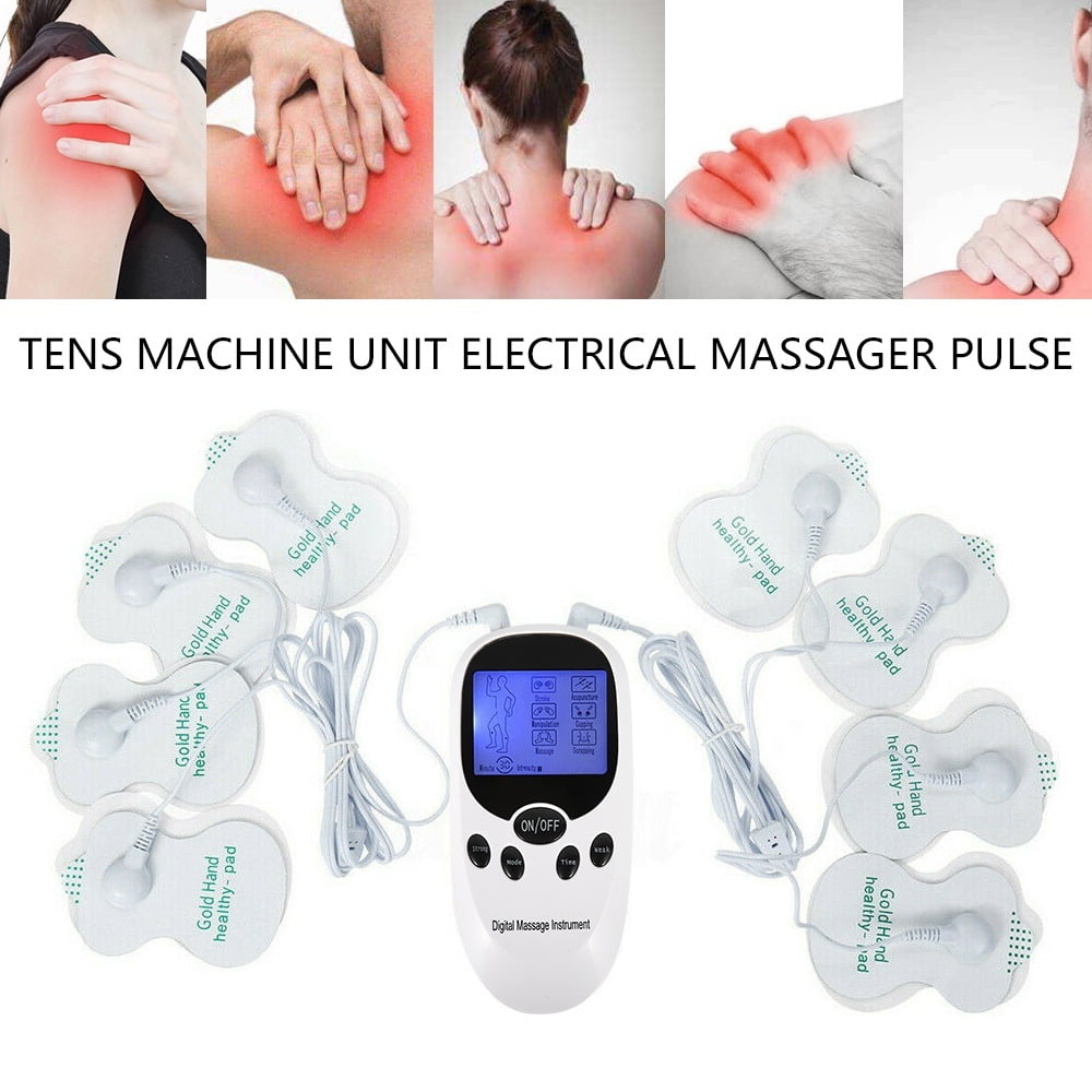 Das Bild zeigt ein TENS-Massagegerät mit Pads und einem Steuergerät. Obere Tafeln zeigen Körperschmerzen. Der Text lautet 'TENS MACHINE UNIT ELECTRICAL MASSAGER PULSE'.