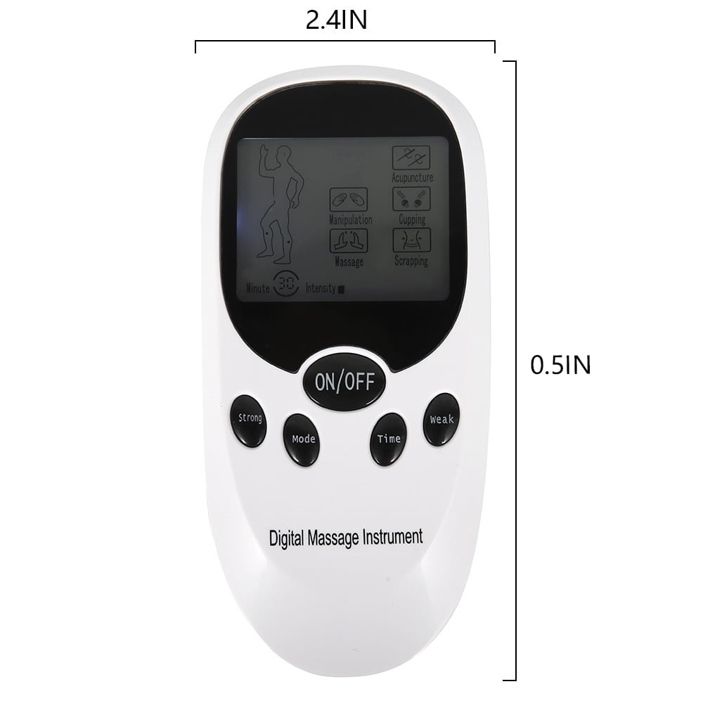 Ein weißes digitales Massagegerät mit Bildschirm, der Akupunktursymbole zeigt. Es hat Tasten für Ein/Aus, stark, Modus, Zeit und schwach.
