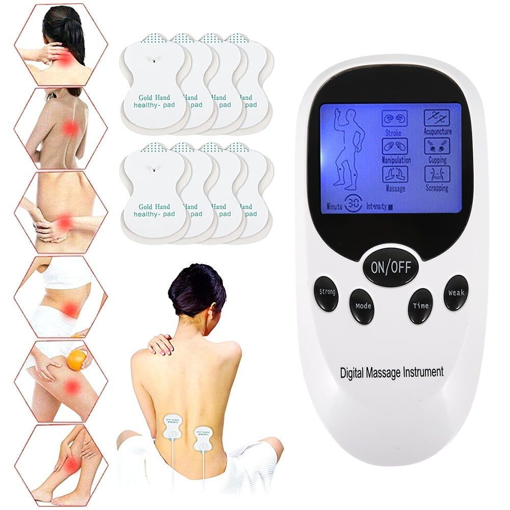 Das Bild zeigt ein digitales Massagegerät, Massagepads und eine Person, die eine Behandlung erhält. Verschiedene Körperteile werden hervorgehoben.