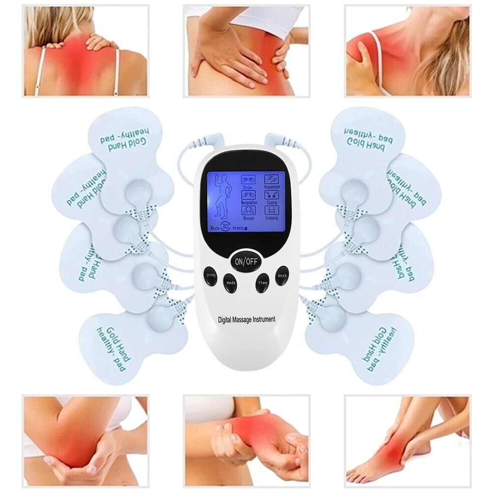 Das Bild zeigt ein digitales Massagegerät mit Elektrodenpads und Beispiele für Schmerzbereiche am Körper, wie Schultern und Handgelenke.