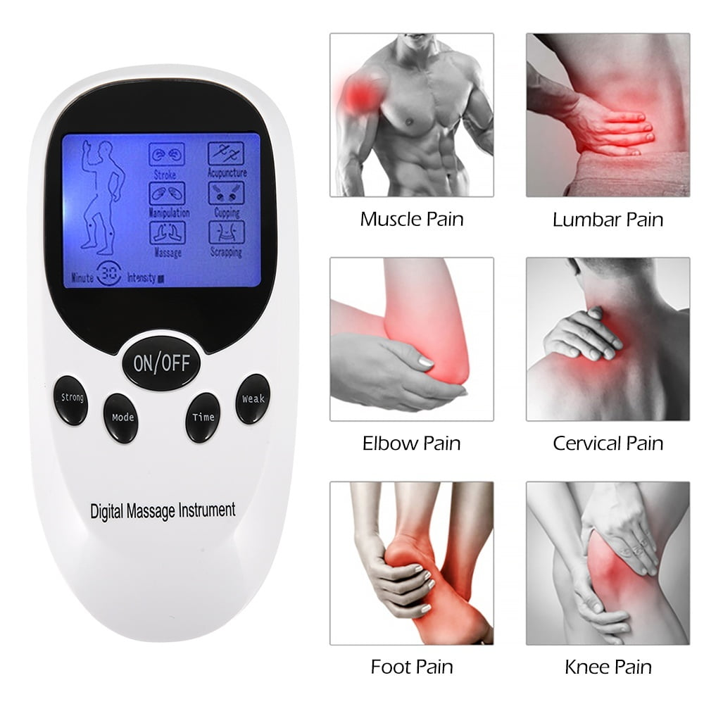 Ein digitales Massagegerät mit Bildschirm, der Körperdiagramme und Optionen anzeigt. Bilder zeigen Schmerzbereiche: Muskel, Lendenwirbelsäule, Ellbogen, Hals, Fuß und Knie.