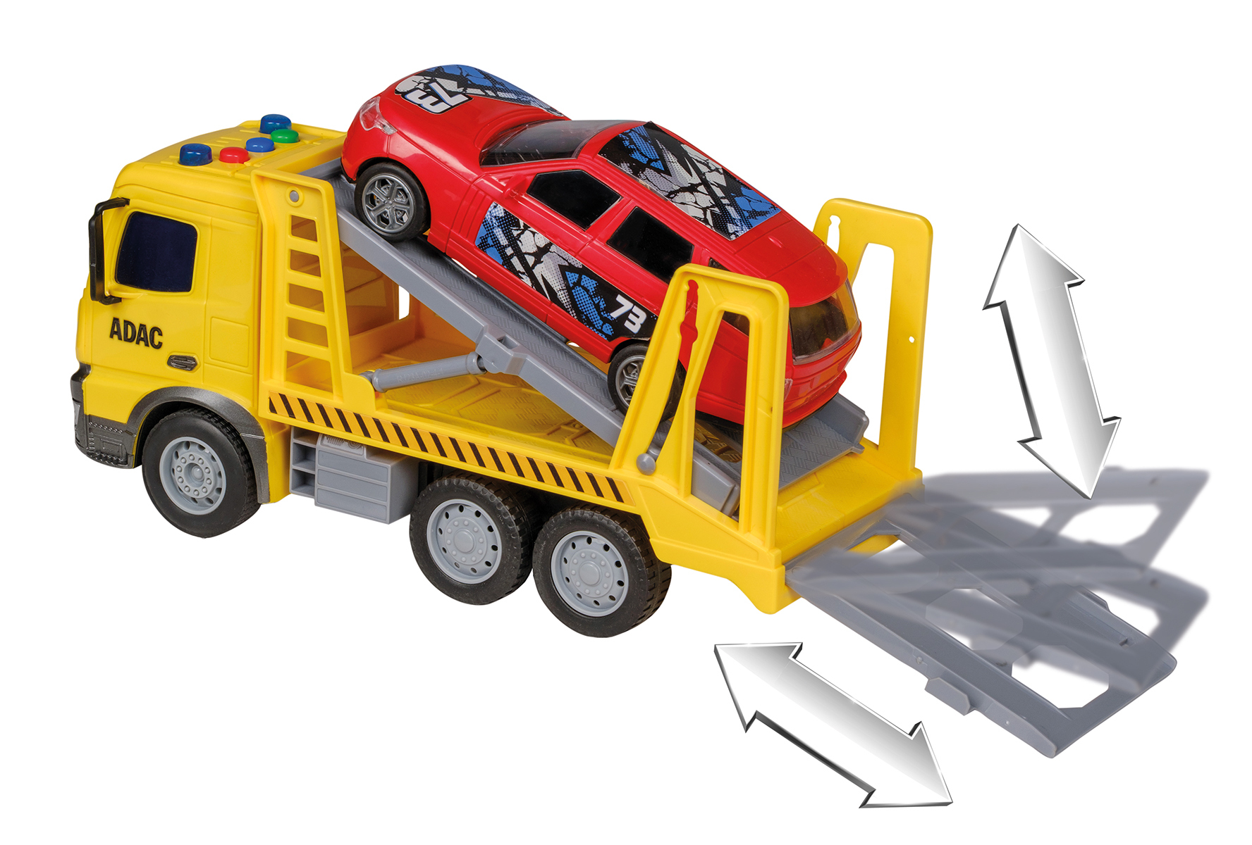 Ein gelber Spielzeug-Abschleppwagen, der ein rotes Spielzeugauto trägt. Das Auto hat Rennstreifen und die Nummer 73.