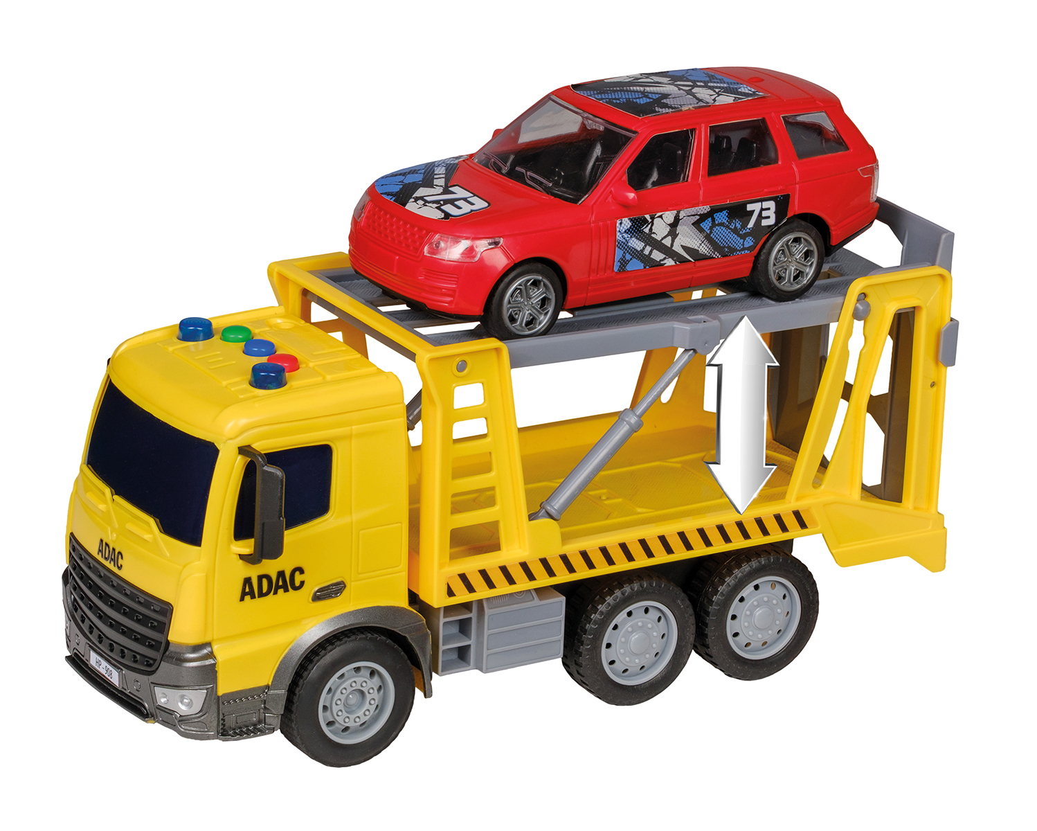 Ein gelber Spielzeug-LKW, der ein rotes Spielzeugauto transportiert. Der LKW hat ein ADAC-Logo. Das Auto hat die Nummer 73 und blaue Details.