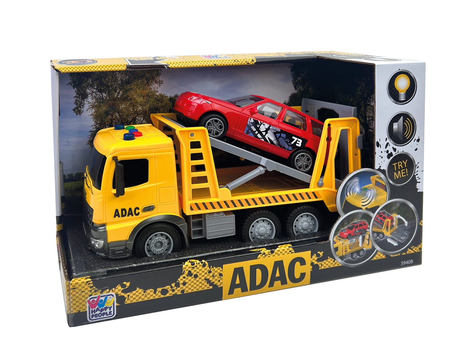 Ein gelber Spielzeug-Abschleppwagen mit einem roten Auto auf seiner Plattform in einer Box. Die Box hat Bilder und Text.