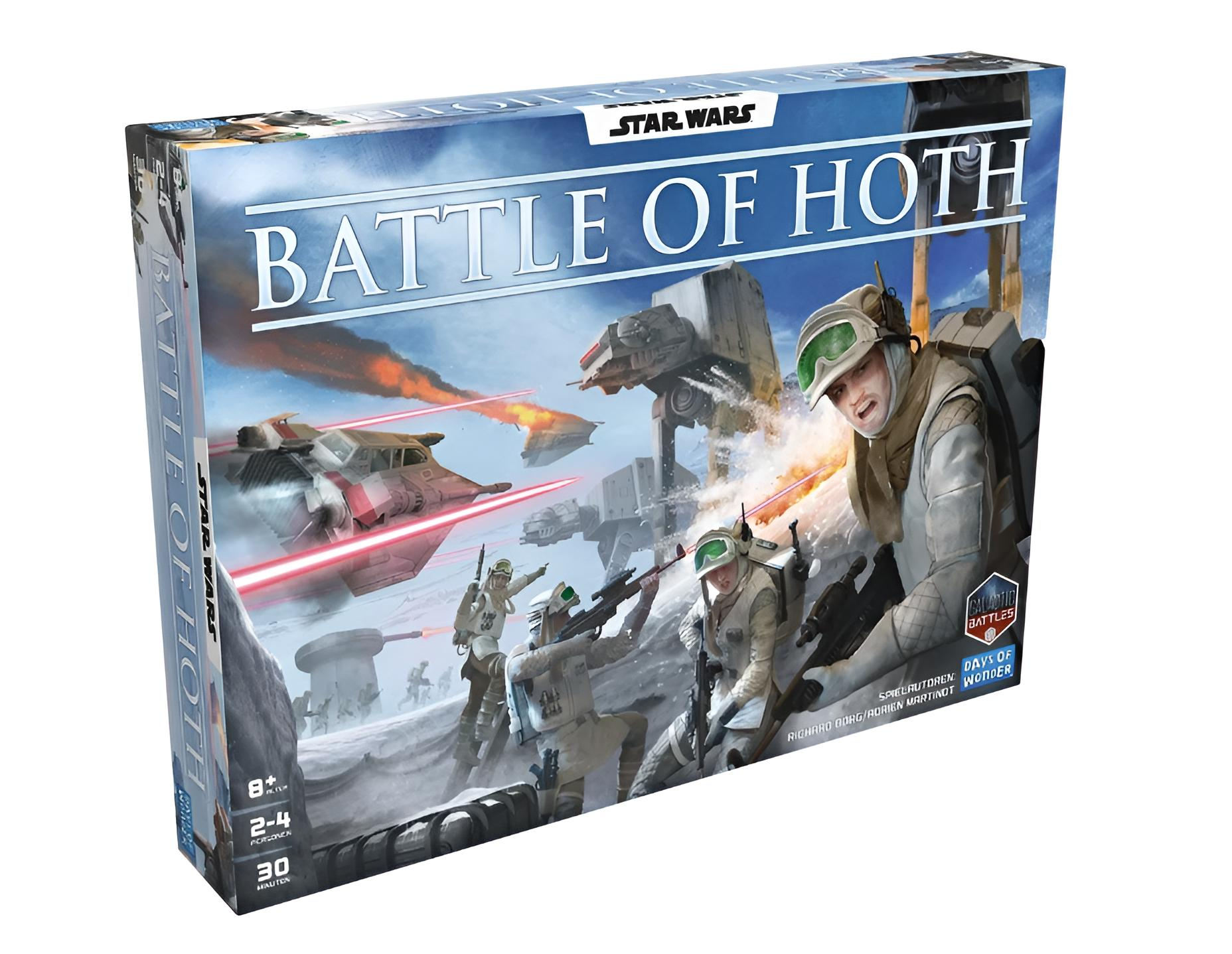 Schachtelkunst für das Star Wars Battle of Hoth Brettspiel. Schneeschlachtszene mit Soldaten, AT-AT-Läufern und Raumschiffen. Der Titeltext ist prominent.