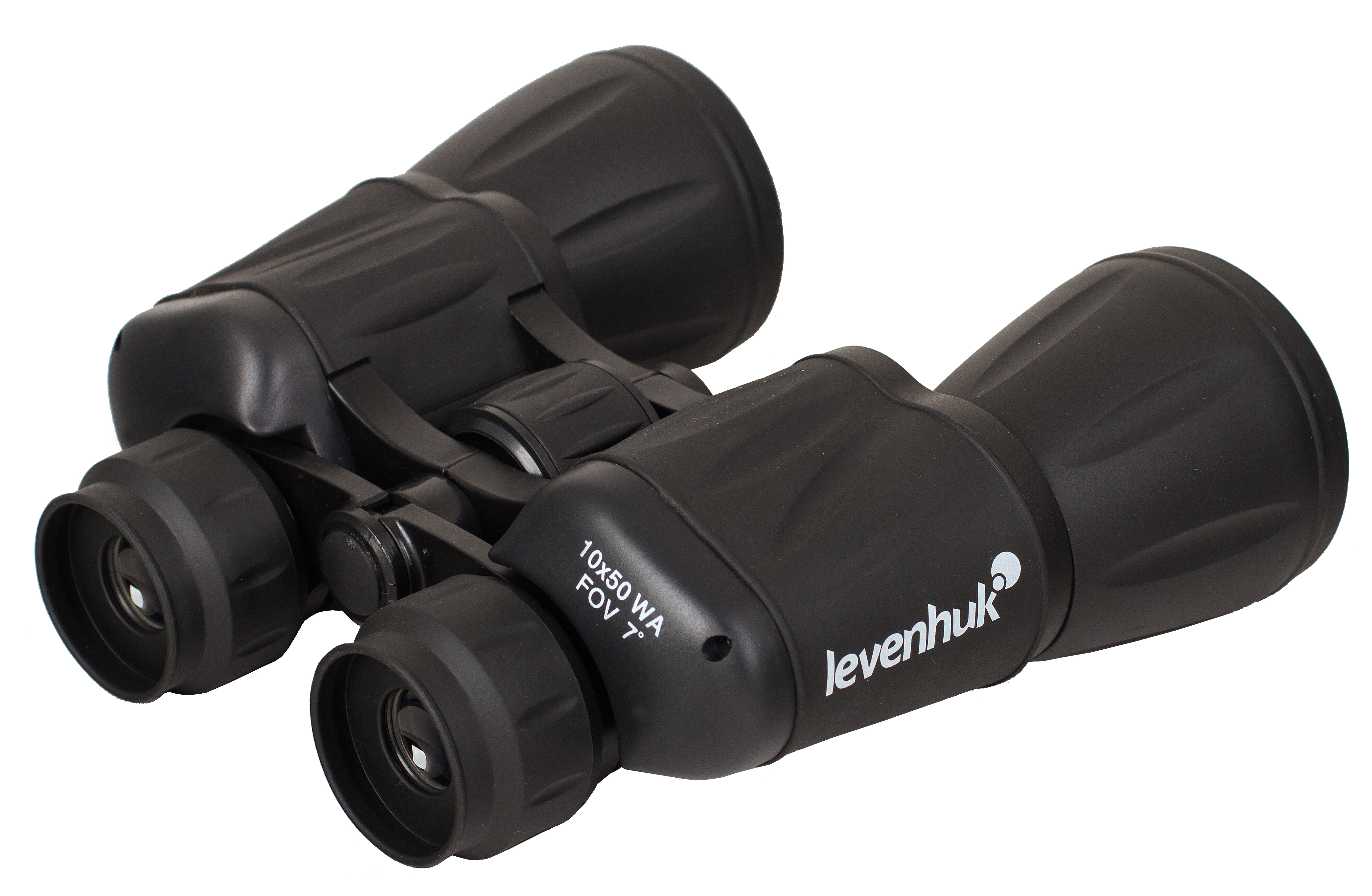 Binocolo nero con testo bianco. Hanno una cerniera centrale e due oculari. Il marchio è Levenhuk.