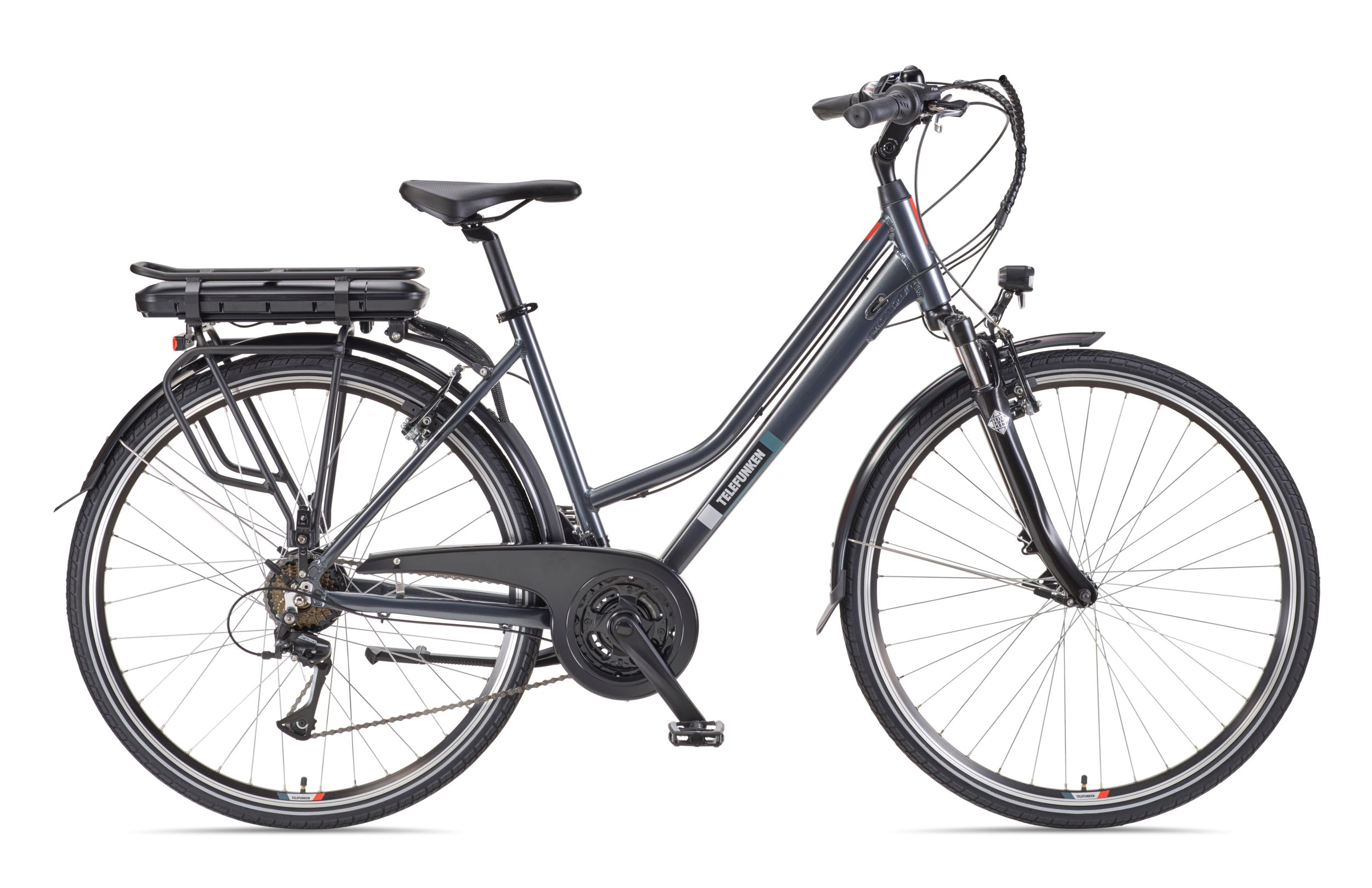Ein dunkelgraues Telefunken-Elektrofahrrad. Es hat einen schwarzen Sitz, einen Akku und Reifen. Der Hintergrund ist weiß.