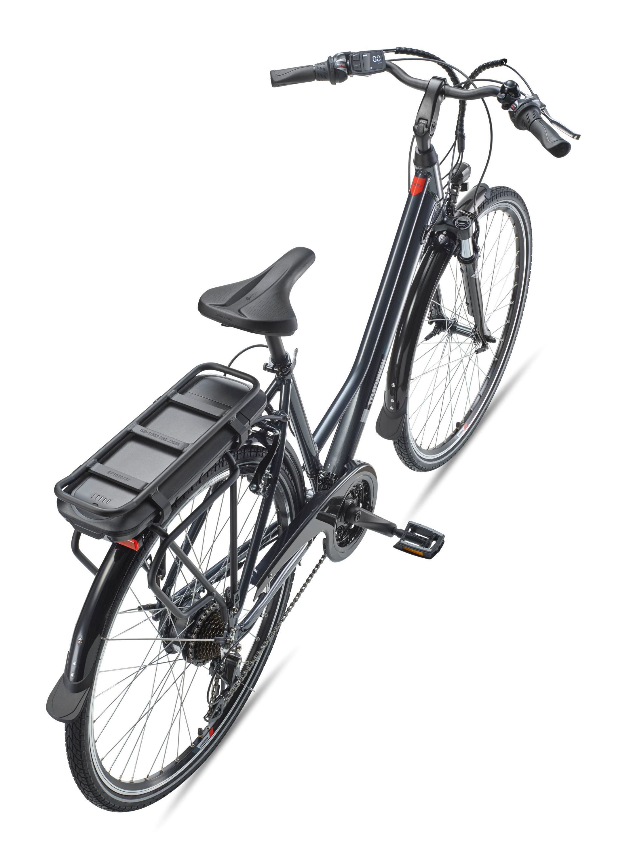 Ein schwarzes Elektrofahrrad wird aus der Vogelperspektive auf weißem Hintergrund gezeigt.