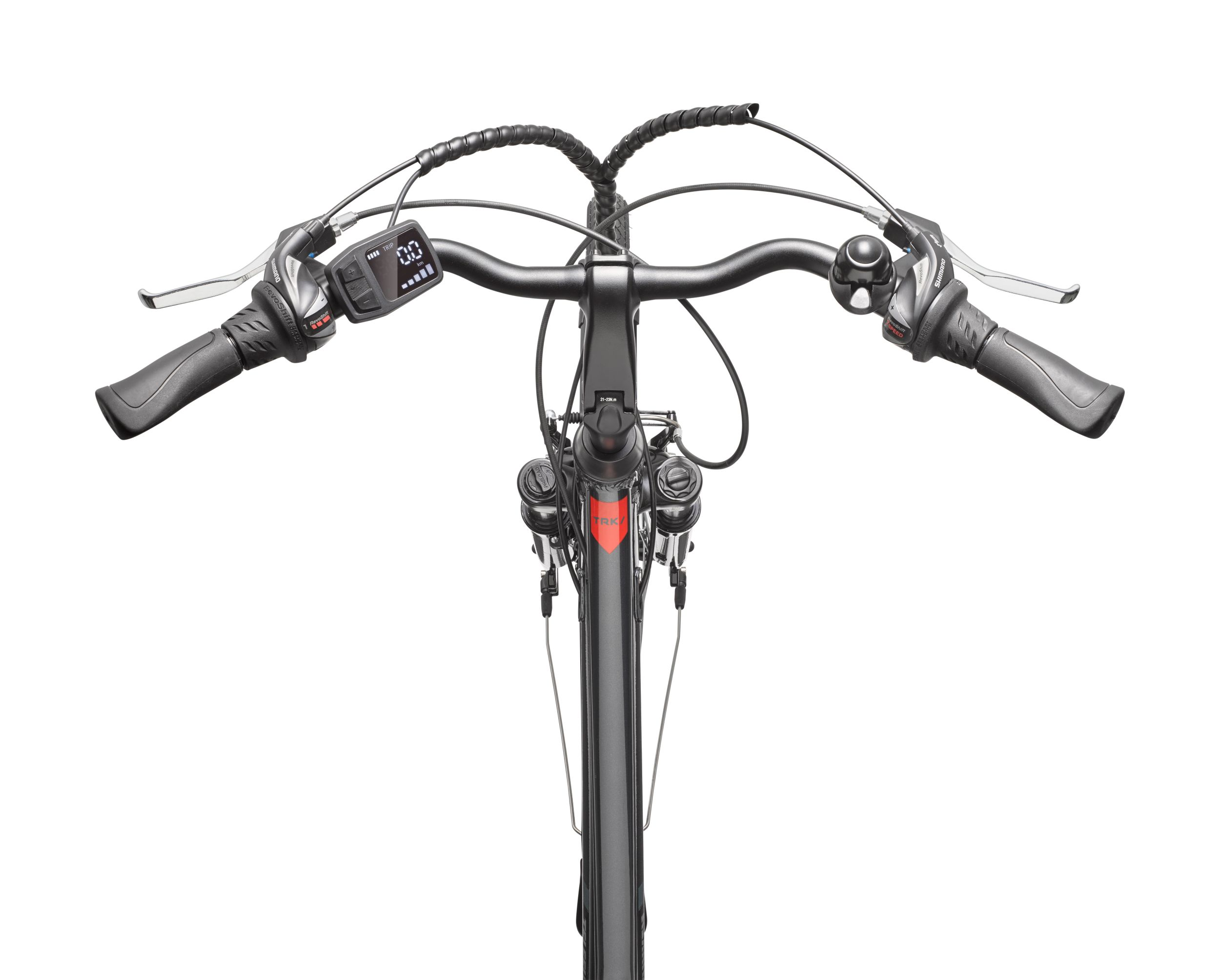 Nahaufnahme eines schwarzen Fahrradlenkers mit Bedienelementen. Eine digitale Anzeige zeigt '00'. Das Fahrrad steht vor weißem Hintergrund.