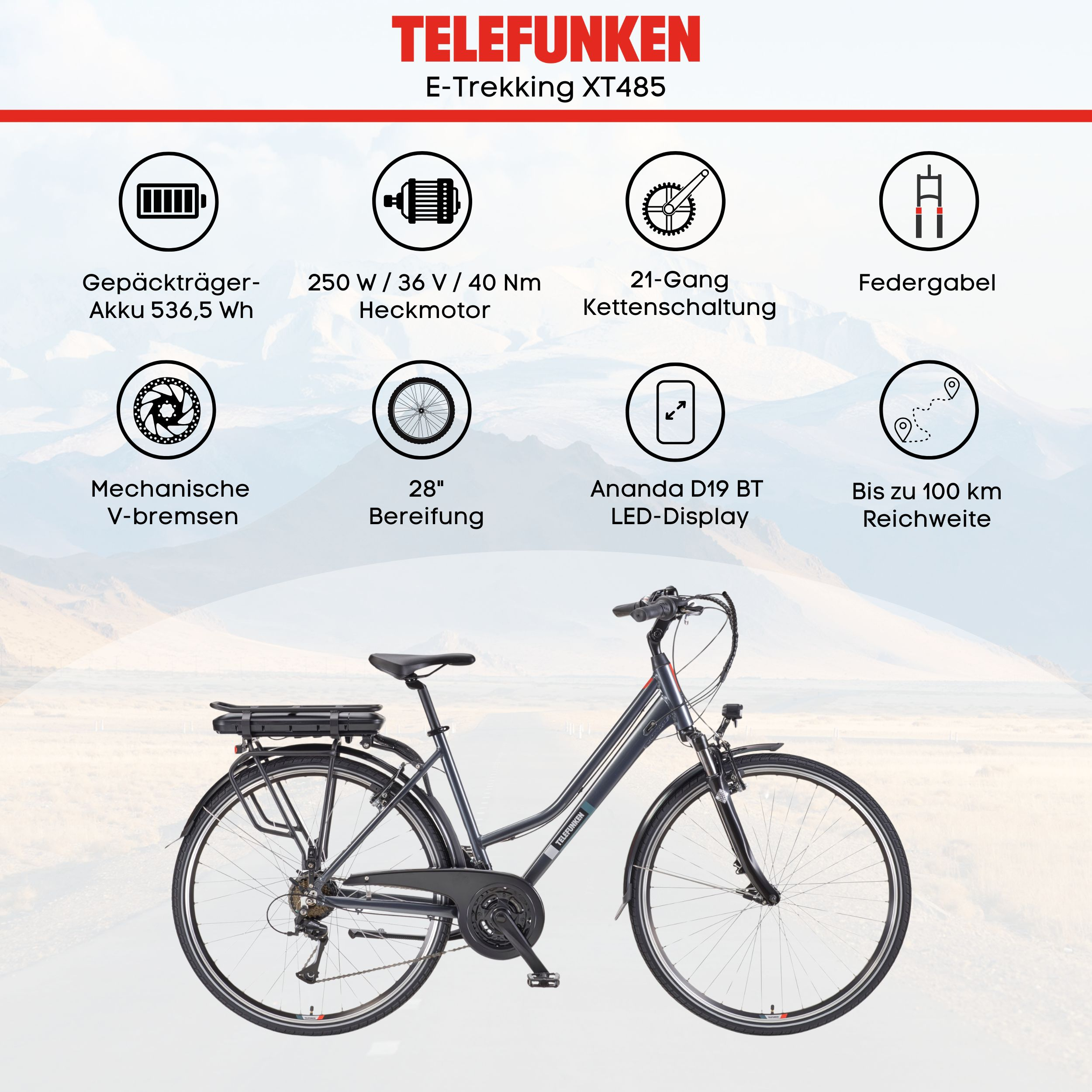 Ein E-Trekking-Fahrrad mit Spezifikationen, einschließlich Batterie- und Motordetails. Das Fahrrad ist grau.