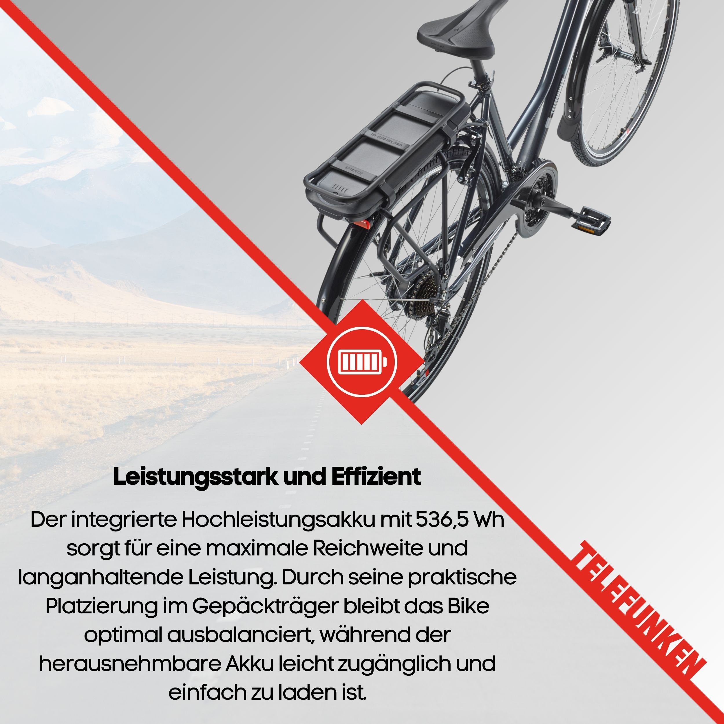 Ein E-Bike wird gezeigt. Ein Akkusymbol befindet sich in einem roten Diamanten. Text beschreibt Akkukapazität und Reichweite.