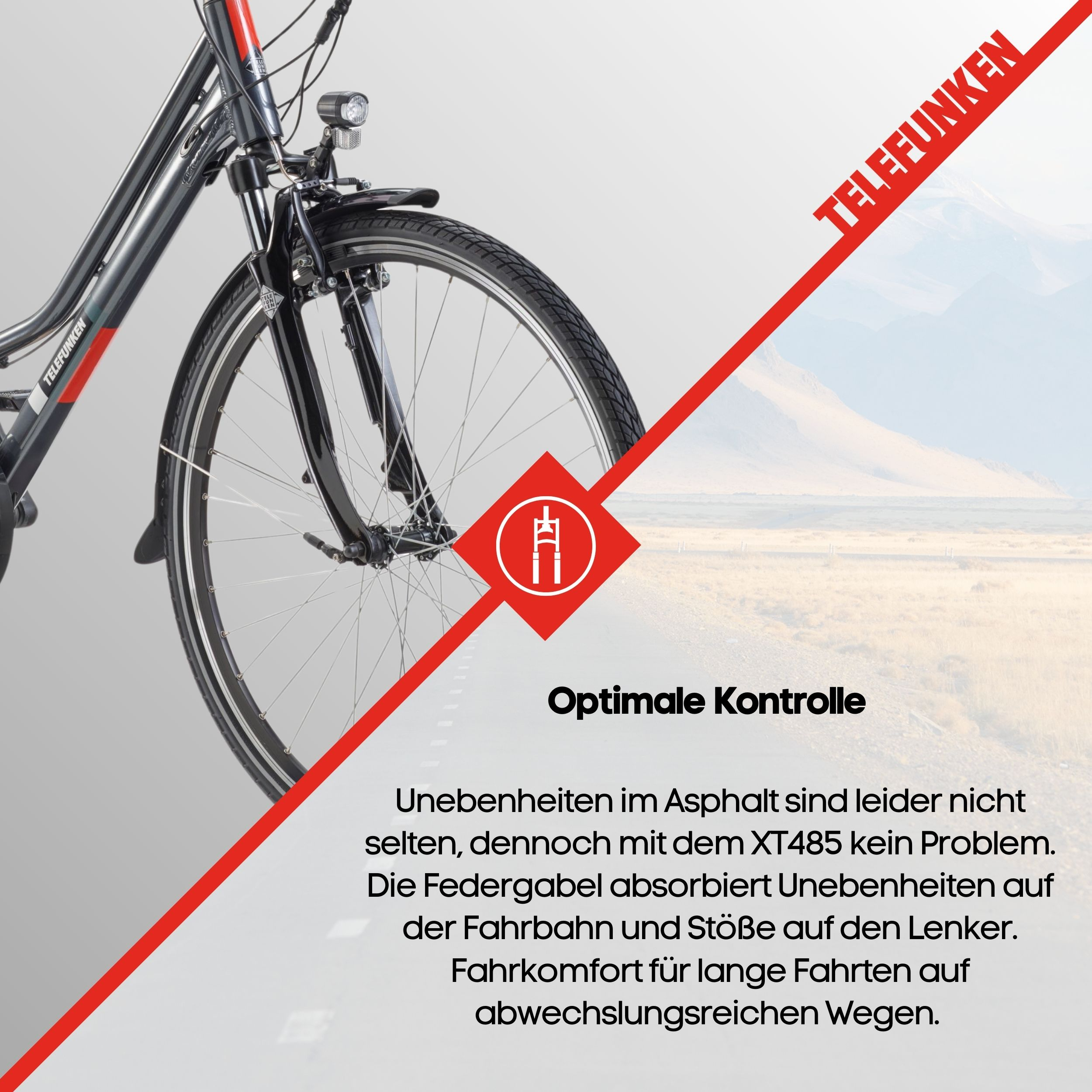 Ein schwarzes Fahrrad mit roten Akzenten ist abgebildet, mit dem Telefunken-Logo. Der Hintergrund ist eine helle Landschaft.