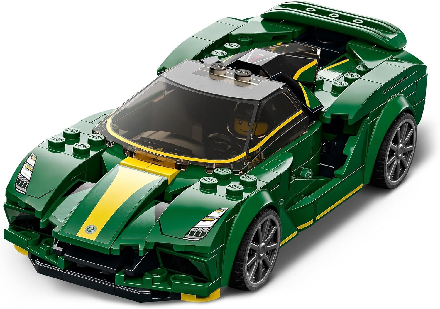 Ein grüner und gelber Lego-Sportwagen. Er hat einen Fahrer, graue Räder und gelbe Rennstreifen.