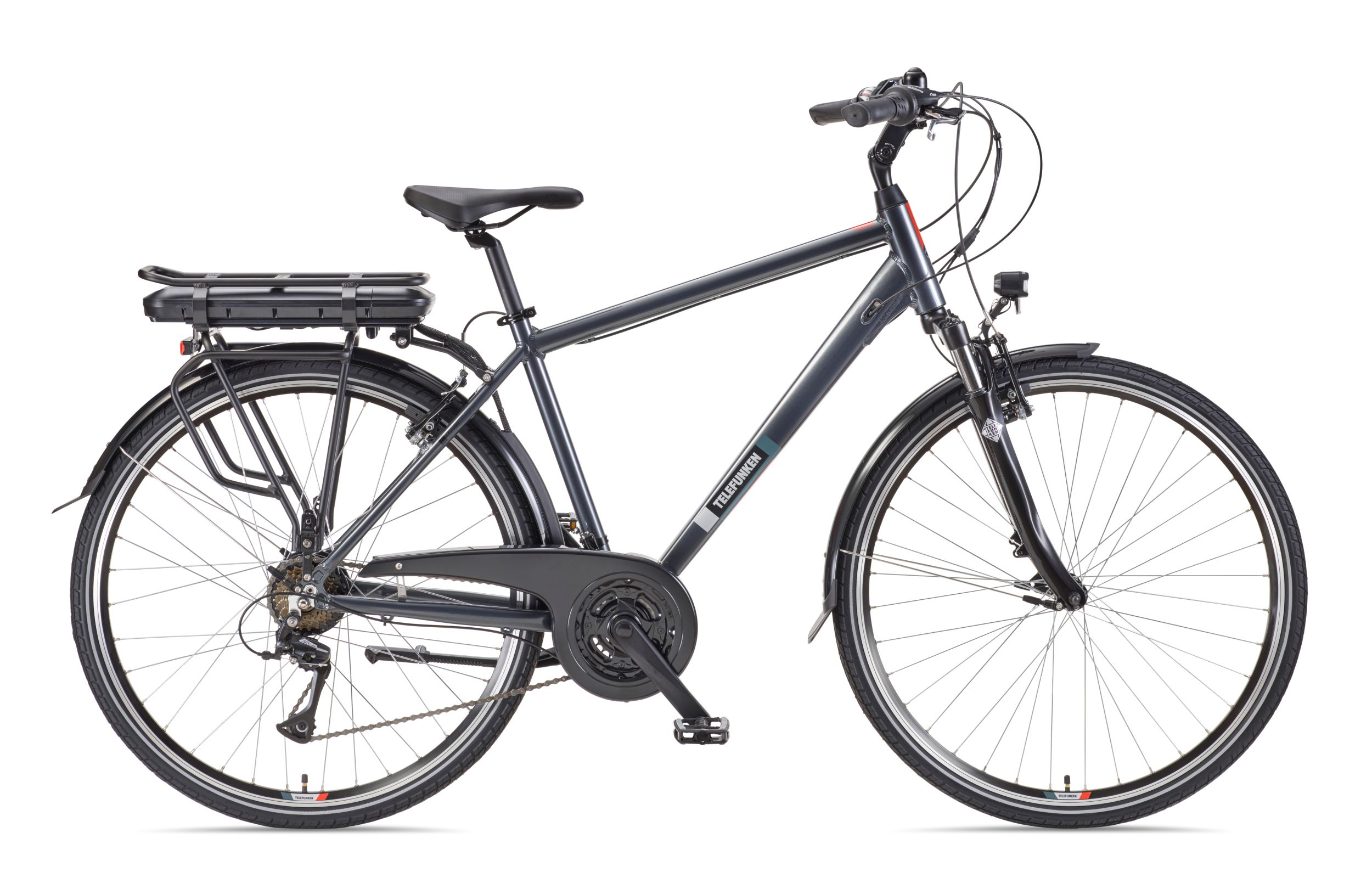 Ein graues Telefunken-Elektrofahrrad. Es hat einen schwarzen Akku, Sattel und Reifen. Der Hintergrund ist weiß.