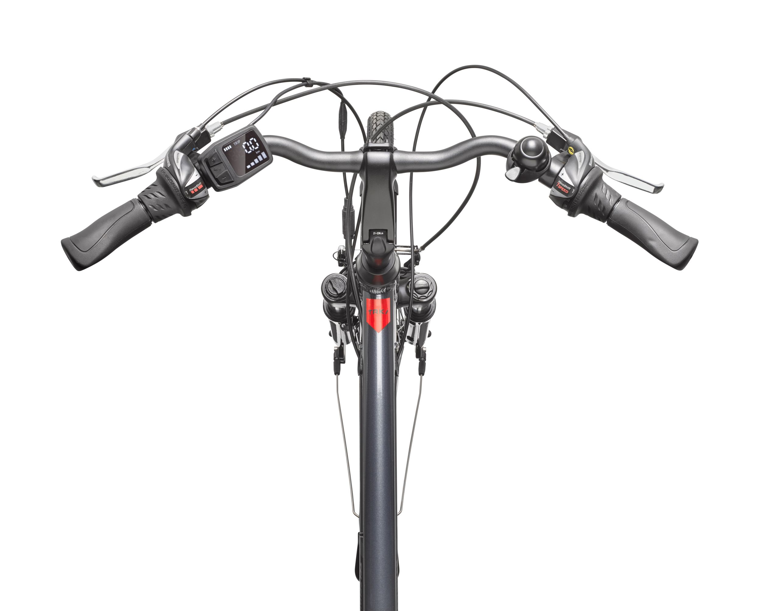 Nahaufnahme eines Fahrradlenkers mit Bedienelementen, Display und Griffen. Das Fahrrad ist dunkelgrau, auf weißem Hintergrund.