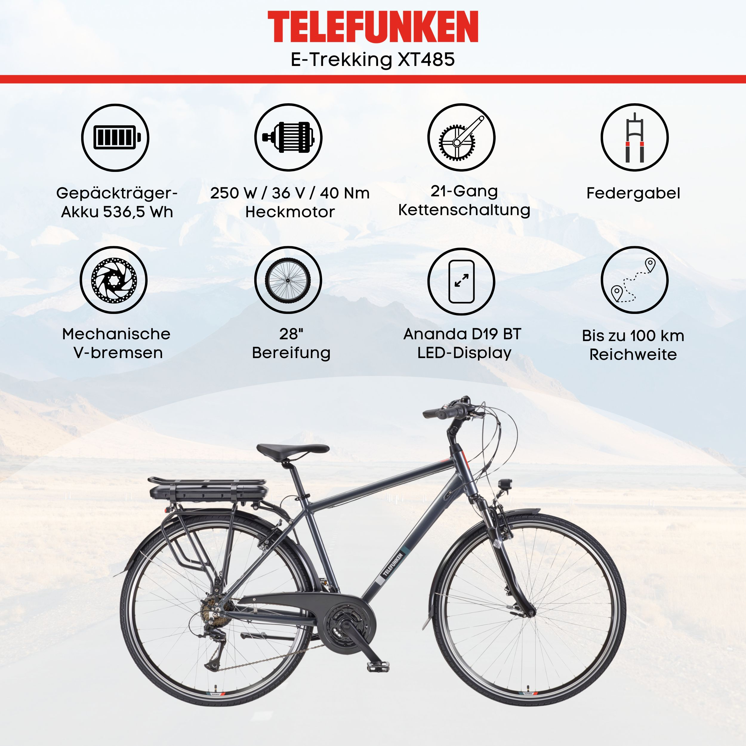 Ein E-Bike mit wichtigen Merkmalen: Akku, Motor, Gänge, Gabel, Bremsen, Reifen, Display und Reichweite.