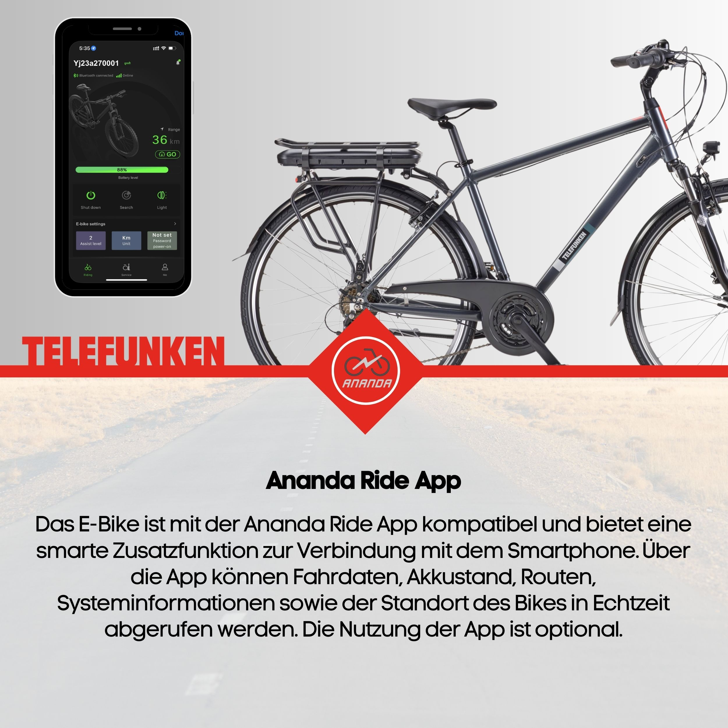 Ein E-Bike mit Smartphone-App-Anzeige. Das Fahrrad ist schwarz und grau, mit sichtbarem Akku und Telefonbildschirm.